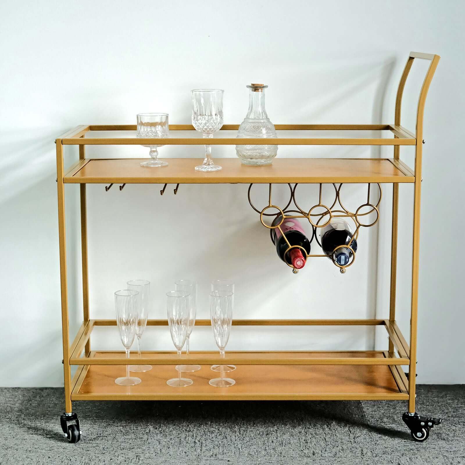 Efavormart 3ft Gold 2-Tier Metal Bar Cart with Wooden Serving Trays - Kitchen Trolley, Wine Rack for 5 Bottles & 2 Glass Holders - Perfect for Home Bar, Dining Room, or Party Serving Station