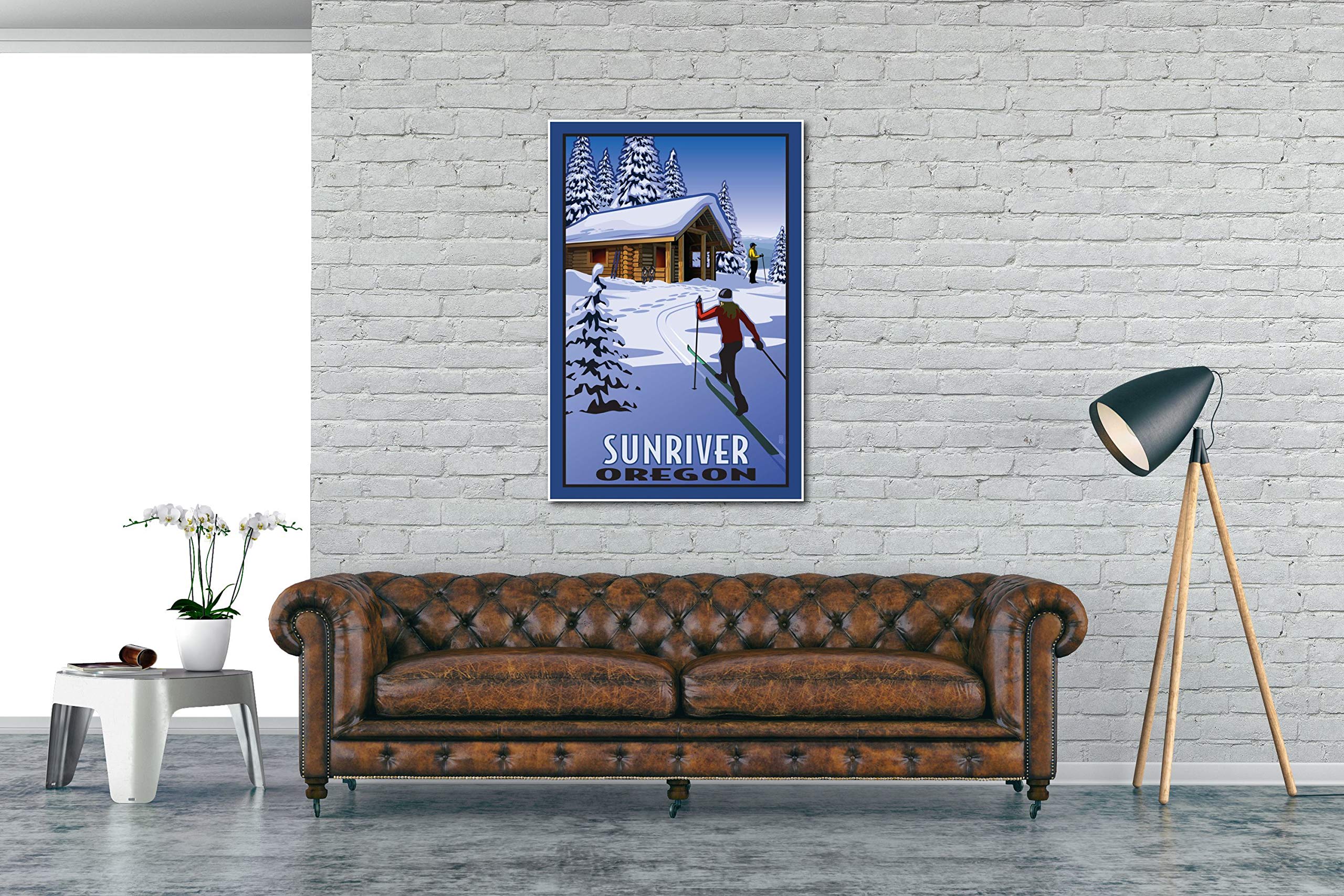 Paul Leighton Sunriver Oregon Cross Country Skiers & Cabin Giclee Art Print - 30x45 Inch Travel Artwork Poster for Home & Office Decor | Perfect for Ski Lodge, Cabin, or Winter-Themed Interior Design