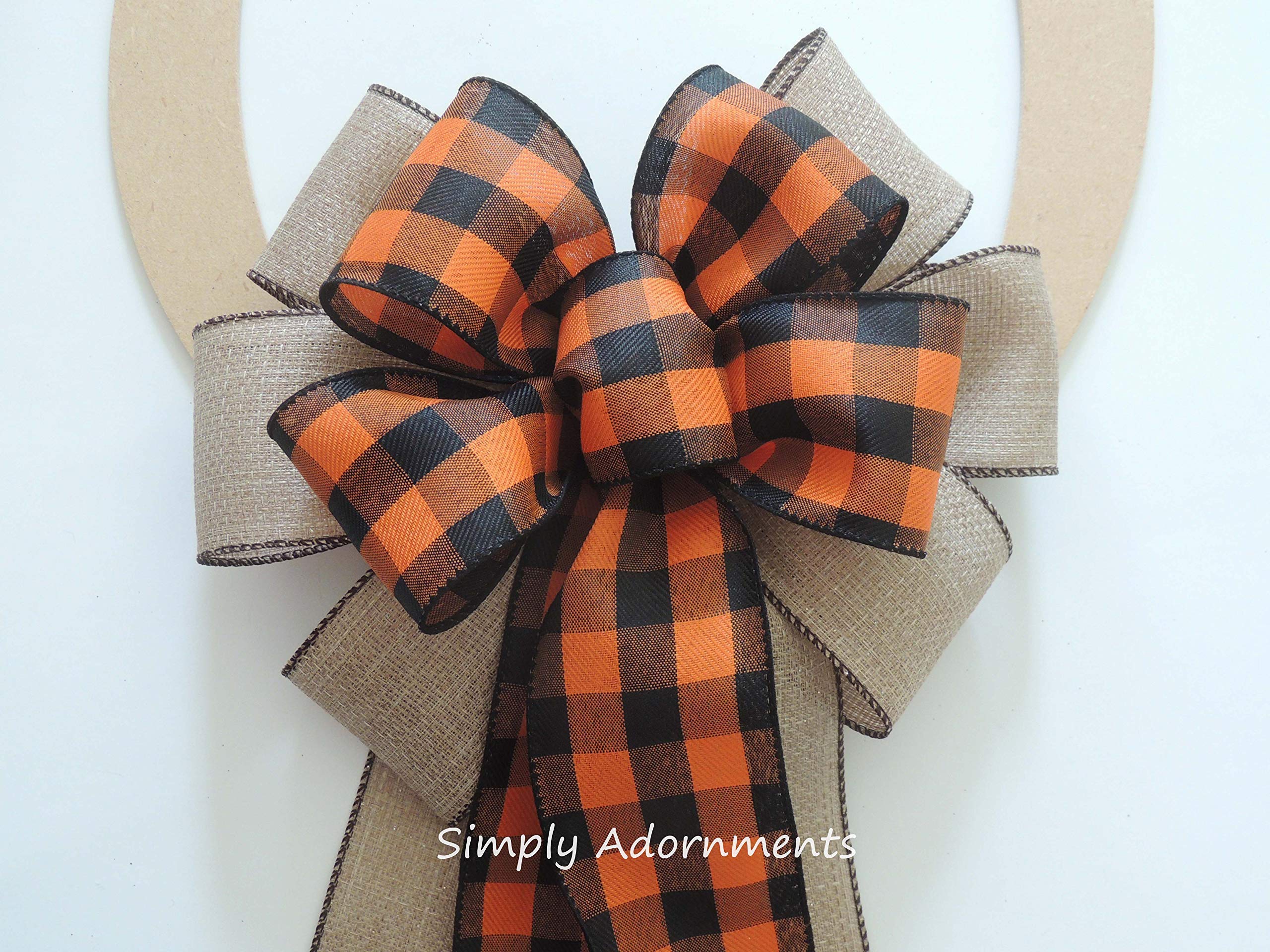 Halloween Farmhouse Wreath Bow - Orange & Black Check Burlap Decor with Sparkle Accents for Front Door, Porch or Mantel - Perfect for Fall Harvest, Thanksgiving and Spooky Seasonal Decorations