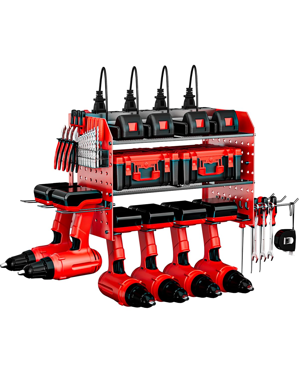 Heavy Duty Power Tool Organizer with Charging Station - 6 Drill Holder Wall Mount & 3 Layer Garage Tool Organizer with Hooks - Screwdriver & Drill Bit Rack - Durable Utility Shelf for Garage Workshop - Perfect Gift for Men & DIY Enthusiasts - Ideal for Home Garage, Workshop & Tool Storage Organization