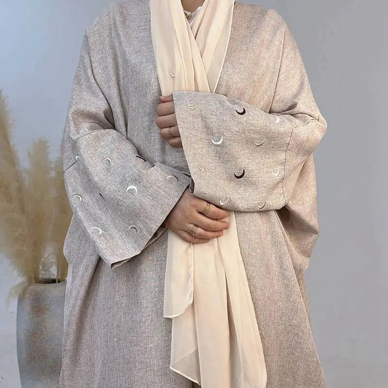 Moon Embroidery Cardigan Open Abaya Dress - Elegant Muslim Women's Outerwear for Prayer, Wedding & Special Occasions