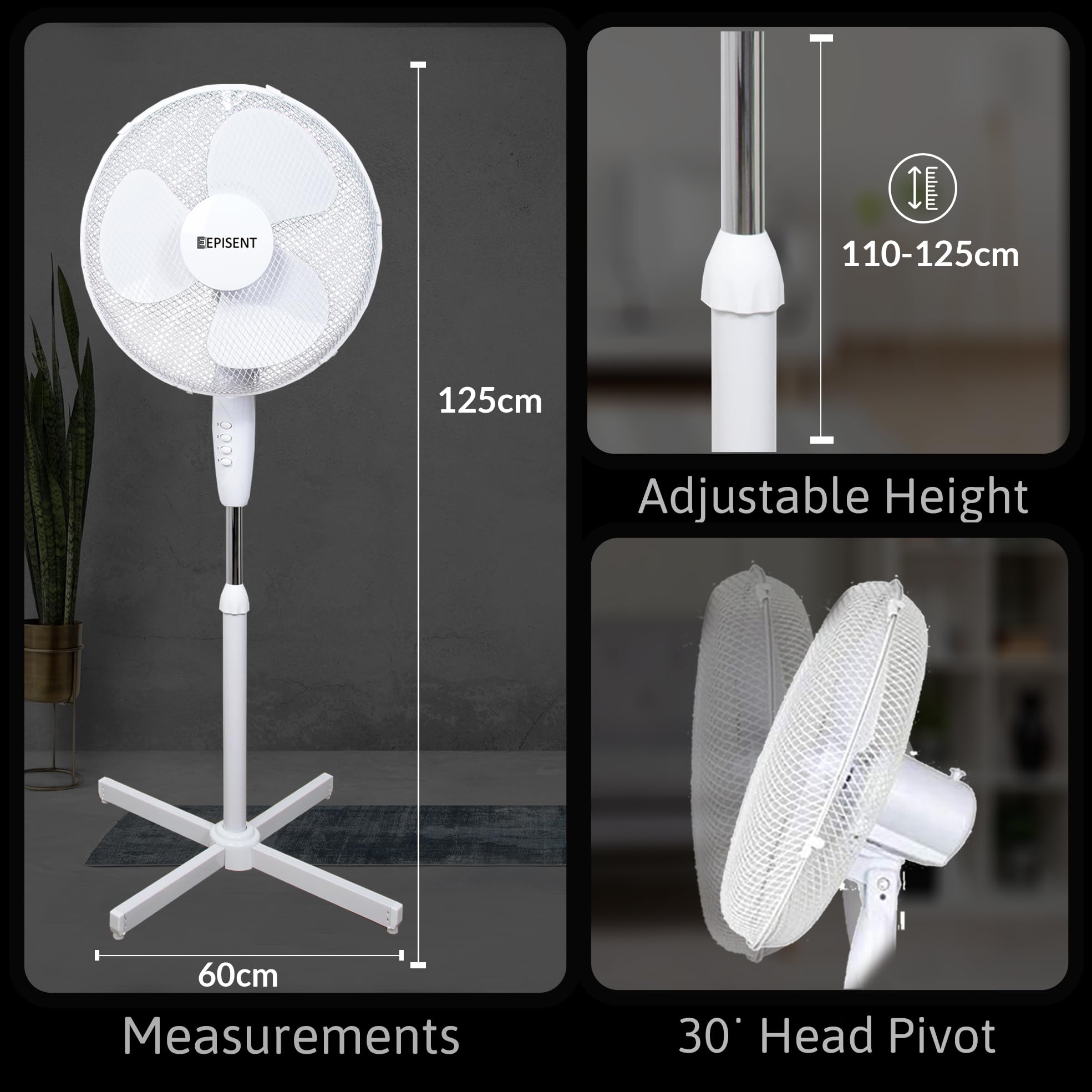 EPISENT 16-Inch Pedestal Fan - Adjustable Height, 3 Speed Settings, Oscillating & Manual Tilt for Powerful Cooling - Perfect for Home, Office, Bedroom, and Living Room Air Circulation