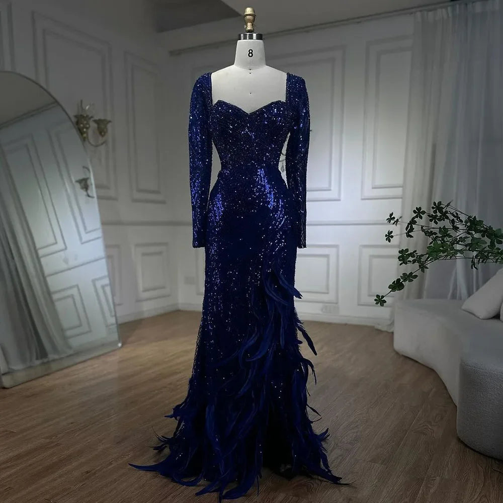 Serene Hill Royal Blue Mermaid Evening Gown with Sparkle Beads & Feathers - Elegant Formal Dress for Women's Parties, Prom, Gala & Special Occasions 2025