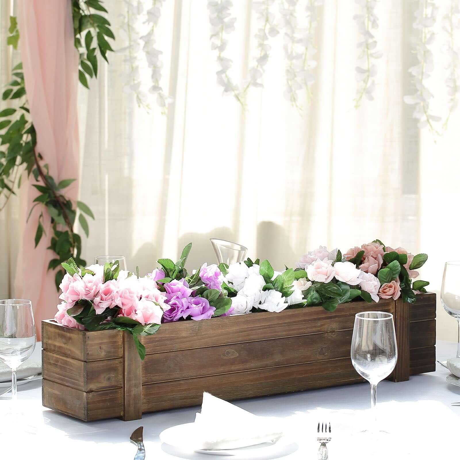 Efavormart 30x6 Inch Smoked Brown Wooden Planter Box with Plastic Liner - Rustic DIY Rectangle Planter for Wedding, Party, Home & Garden Decoration - Perfect for Centerpieces, Table Decor, and Outdoor Landscaping