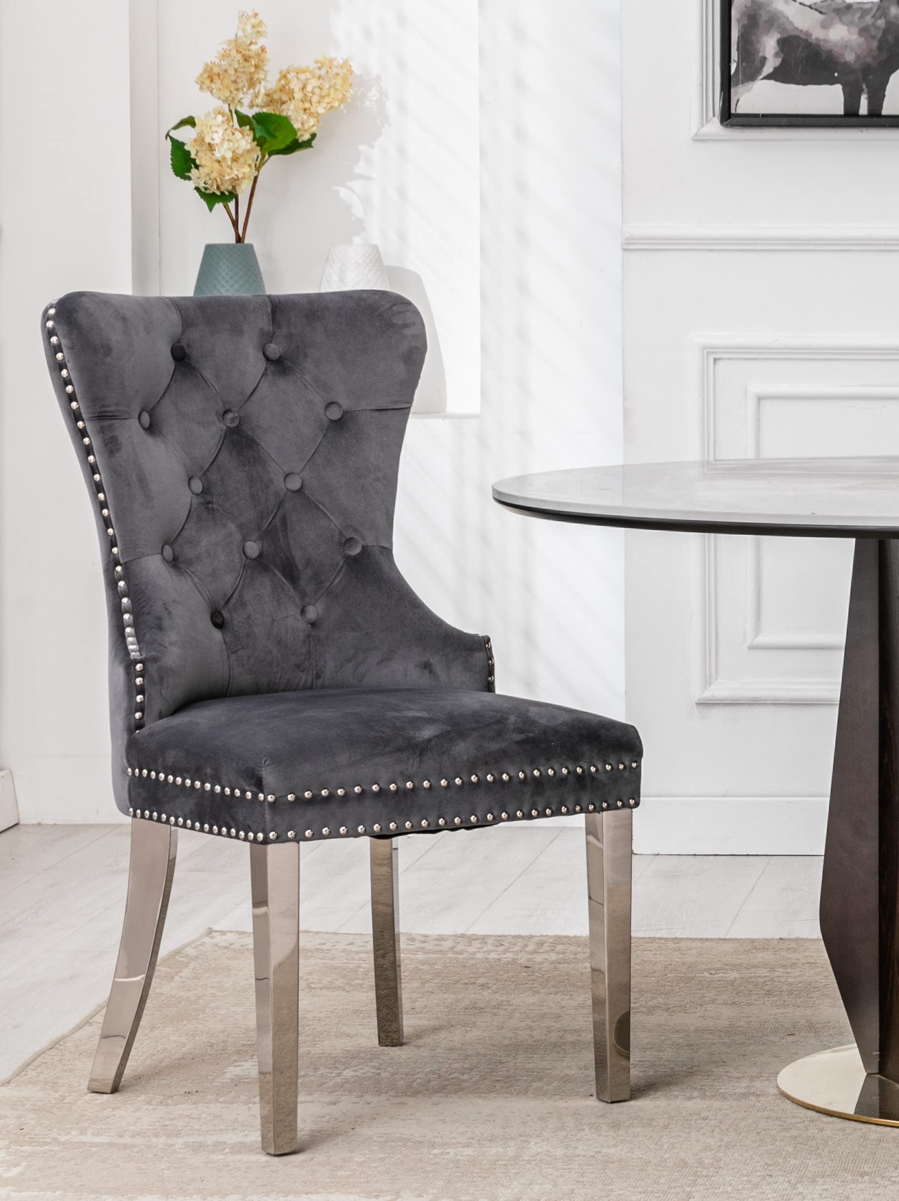 Tufted Velvet Wingback Dining Chairs Set of 2 - Modern Velvet Upholstered Armless Side Chairs with Chrome Legs for Living Room, Kitchen & Dining Room - Gray UC-10SS | Perfect for Small Spaces, Breakfast Nooks and Contemporary Home Decor