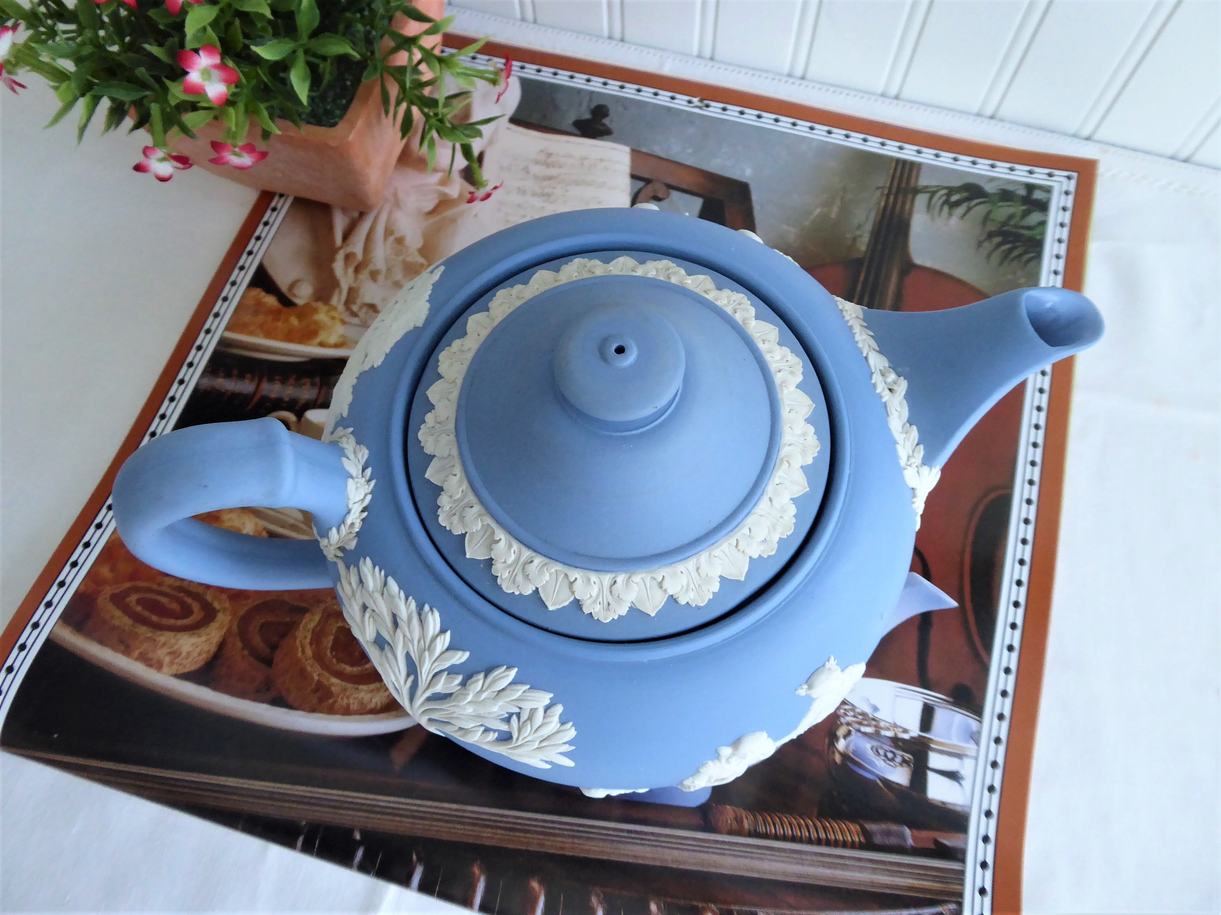 Vintage Wedgwood Blue Jasperware Teapot 1953 - Large Ceres Offering To Peace Design - 6 Cup Capacity - Perfect for Afternoon Tea & Collectible Display