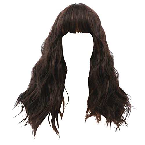 26in Dark Brown Long Bangs Curly Synthetic Wig - High Temp Silk Fiber Lace Front Wig for Black Women - 40 Inch Natural Looking Wig (Tea Black, One Size) - Perfect for Cosplay, Daily Wear & Special Occasions