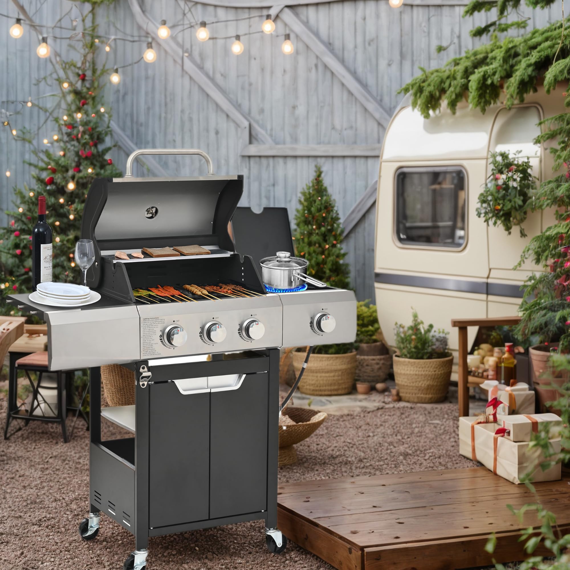 40,500 BTU Propane Gas Grill - 4 Stainless Steel Burners with Side Burner & Cover - Built-in Temperature Gauge - Perfect for Outdoor BBQ, Backyard Cooking, Camping & Tailgating Parties