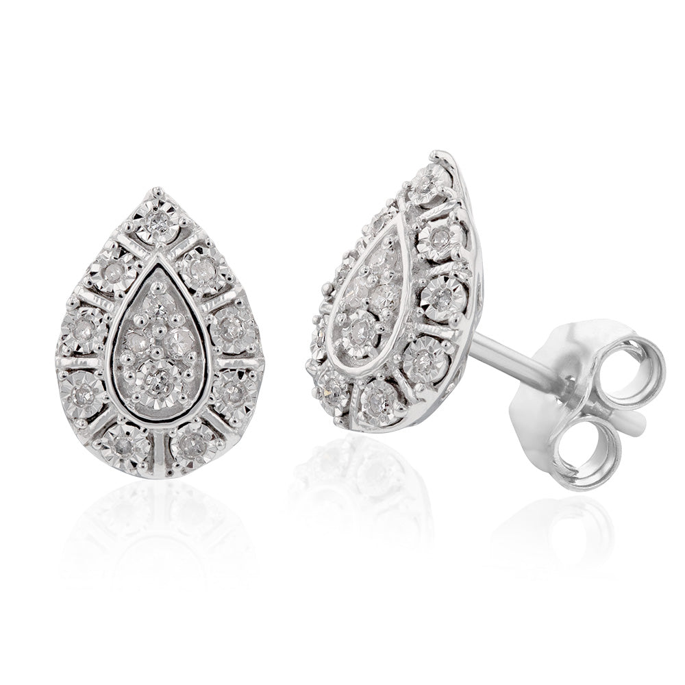 9ct White Gold 0.05 Carat Pear Shape Cluster Diamond Earrings for Women - Elegant Dangle Drop Earrings for Wedding, Party & Special Occasions