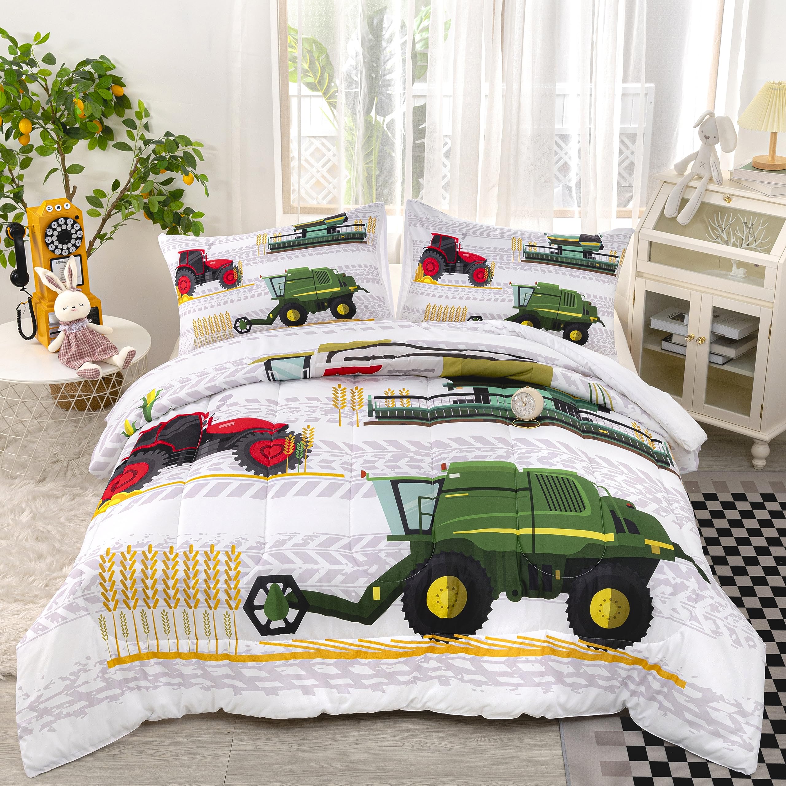 CVHOUSE Boys Tractor Bedding Set - Excavator, Trucks & Cars Themed Comforter with 2 Pillowcases - 3-Piece Kids Bed Set for Farm & Construction Lovers - Perfect for Toddler Rooms, Birthday Gifts & Nursery Decor