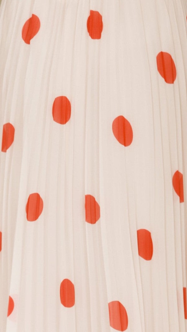 Cambree Peplum Top and Maxi Skirt Set - Beige & Red Polka Dot Outfit for Women | Casual Summer Dress, Beach Vacation, Party Wear