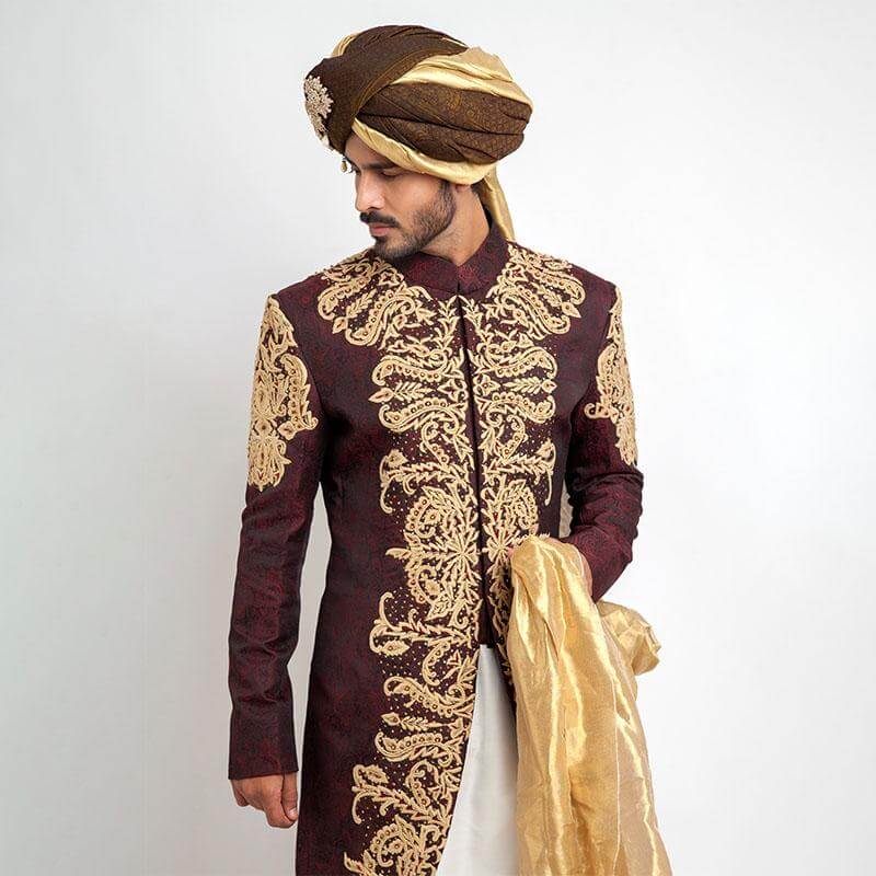Deep Burgundy Pure Jamavar Silk Sherwani for Men | Luxury Indian Wedding Attire | Perfect for Grooms, Festivals & Special Occasions