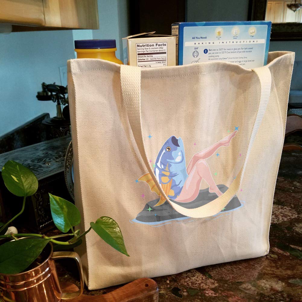Funny Reverse Mermaid with Tuna Head Design - Reusable Grocery Tote Bag for Shopping, Beach & Travel | Eco-Friendly Cotton Canvas Carryall