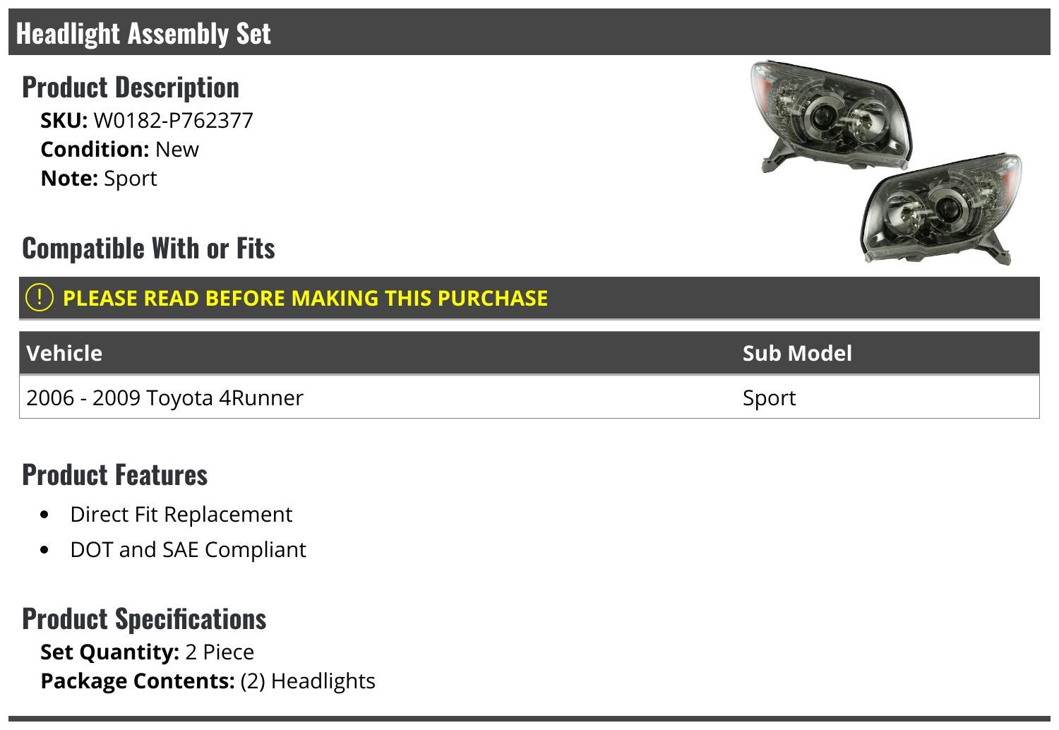 2006-2009 Toyota 4Runner Sport Headlight Assembly - Set of 2 Replacement Headlights - Durable & Weatherproof - Perfect for Night Driving & Off-Road Adventures