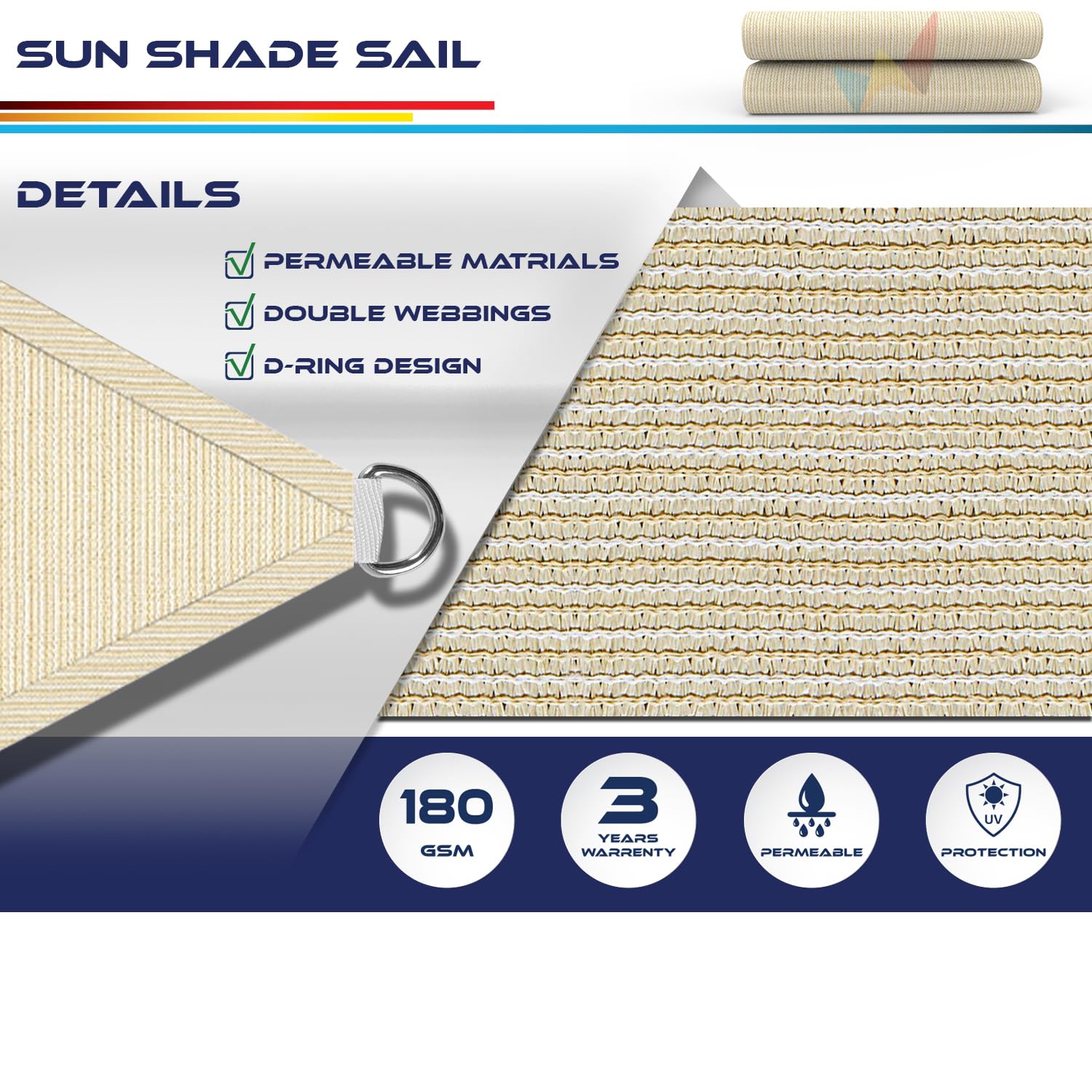 UV-Resistant Triangle Sun Shade Sail Canopy - Outdoor Patio Backyard Sun Protection, Beige Fabric Cloth Screen for Garden, Poolside, and Deck Shading