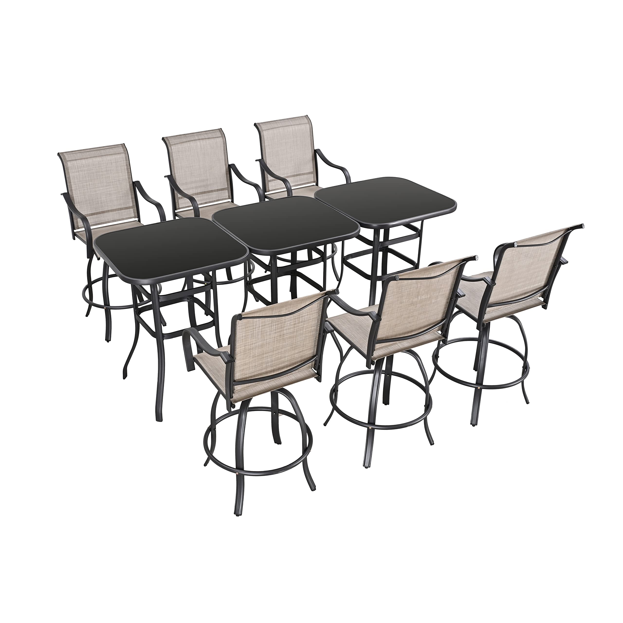 9-Piece Outdoor Patio Swivel Bar Stool Set with 3 Glass Top Tables - All-Weather Bistro Height Dining Chairs for Backyard, Garden, Poolside & Restaurant Use (Grey)