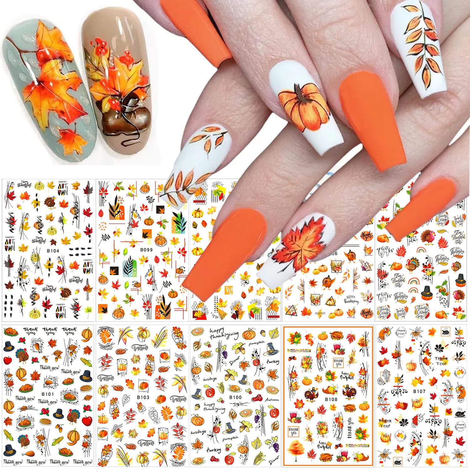 Fall Nail Art Stickers - 10 Sheets Maple Leaf & Pumpkin 3D Self-Adhesive Nail Decals for Autumn & Thanksgiving - DIY Manicure Decorations for Women | Perfect for Halloween, Thanksgiving Parties & Seasonal Nail Art