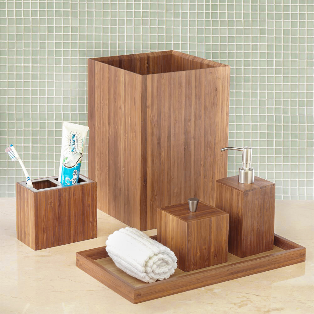 5-Piece Bamboo Bathroom Vanity Set with Soap Dispenser, Tray & Organizer – Perfect for Spa-Like Bathroom Decor & Organization