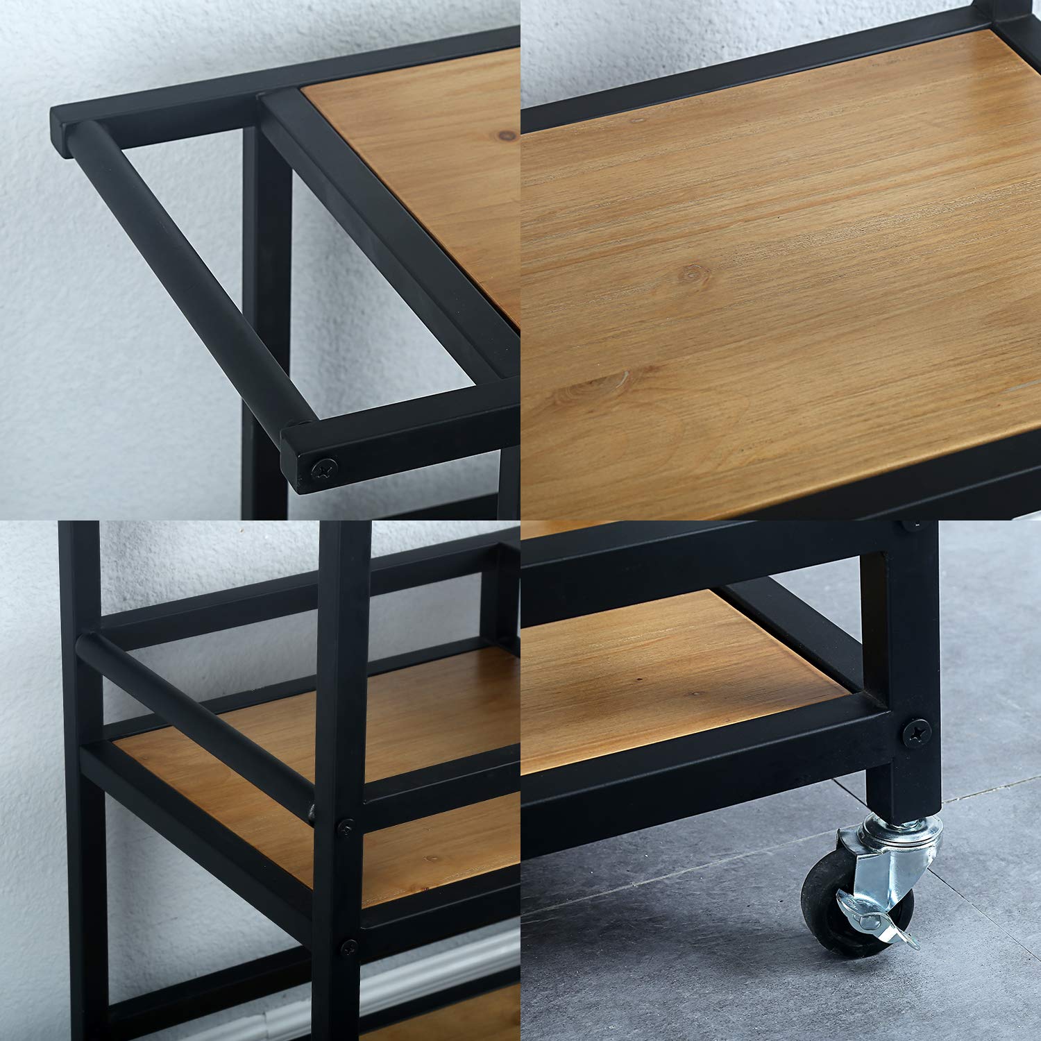 3-Tier Rolling Bar Cart with Wheels - Industrial Modern Rustic Wood & Metal Kitchen Serving Cart for Coffee, Wine & Storage - Black | Perfect for Home Bars, Dining Rooms & Entertaining Spaces