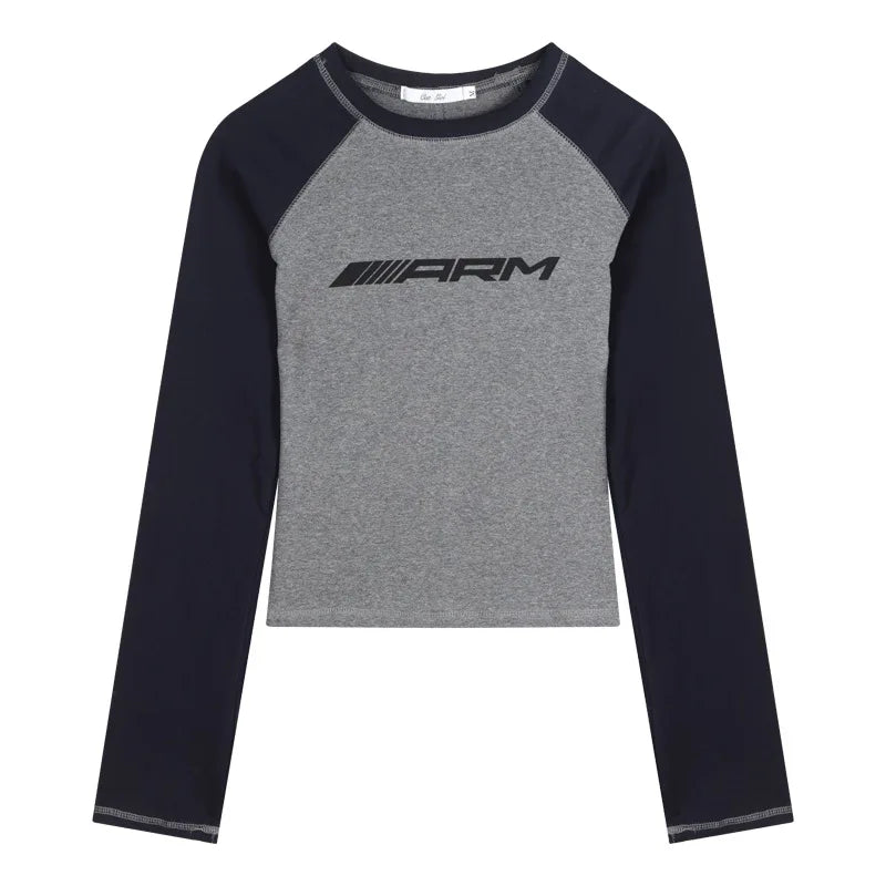 Y2K Retro Patchwork Long Sleeve T-Shirt for Women | Vintage American Streetwear Fashion | Casual Letter Graphic Top for Everyday Wear & Urban Outfits