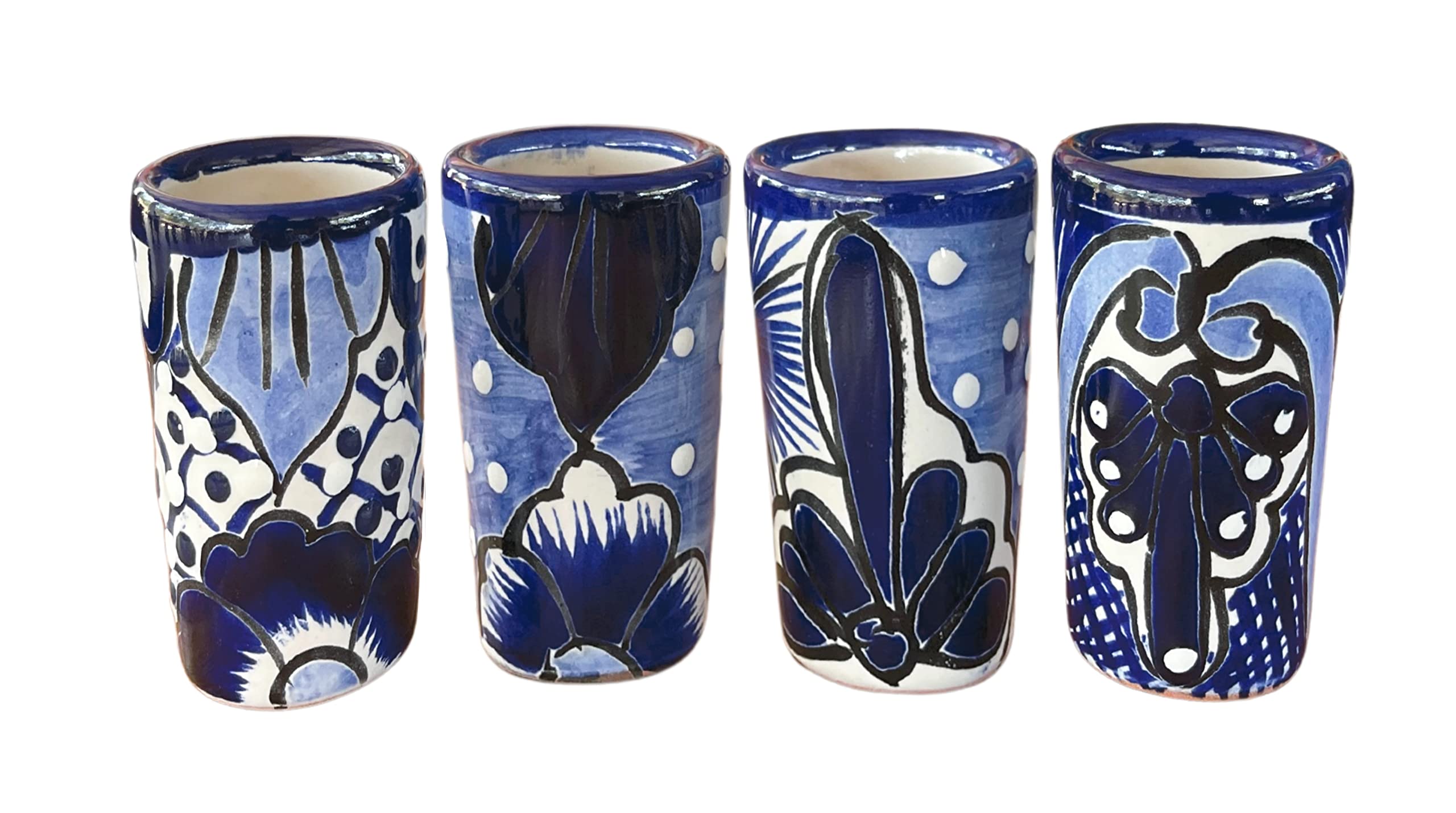 Authentic Mexican Talavera Shot Glasses Set of 4 - Hand-Painted 2oz Tequila Glasses (Blue) - Perfect for Margaritas, Parties & Mexican-Themed Decor