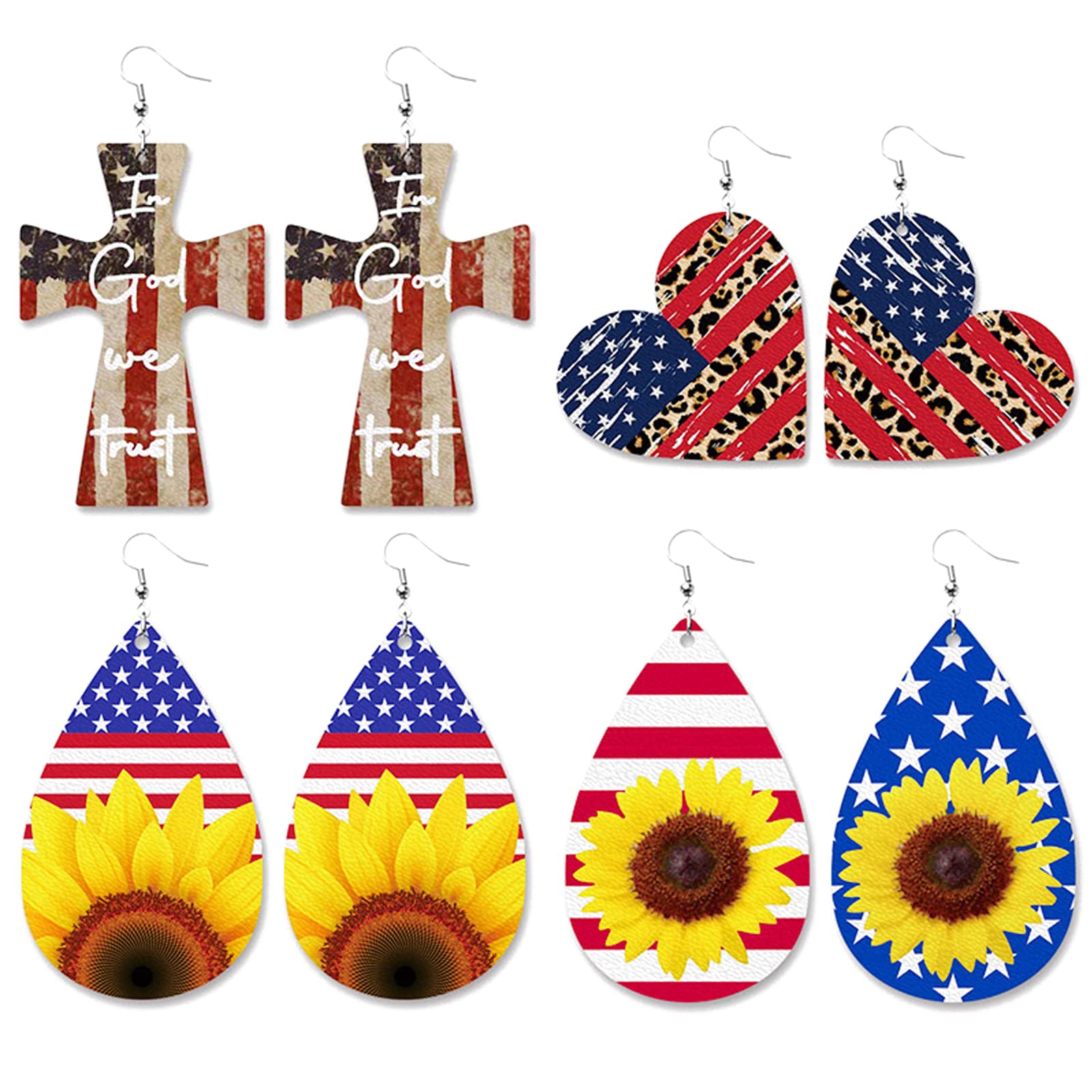 4 Pairs Patriotic Dangle Drop Earrings for Women - Red White Blue Teardrop Cross Heart Sunflower Earrings for 4th of July, Memorial Day & Independence Day | Perfect for Teen Girls, Parties, Festivals & Patriotic Events