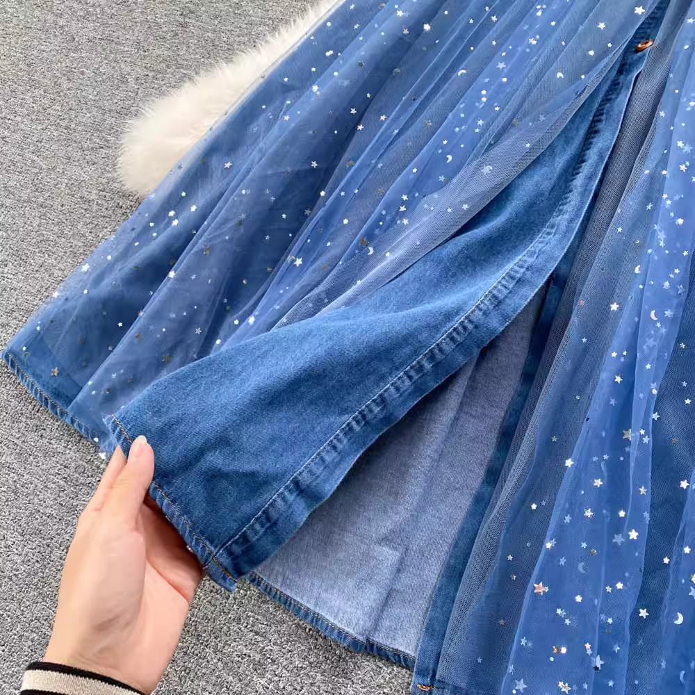 Elegant Ruffled Mesh & Denim Long Skirt for Women - Autumn Winter Fashion Staple - Perfect for Office, Date Night & Holiday Parties