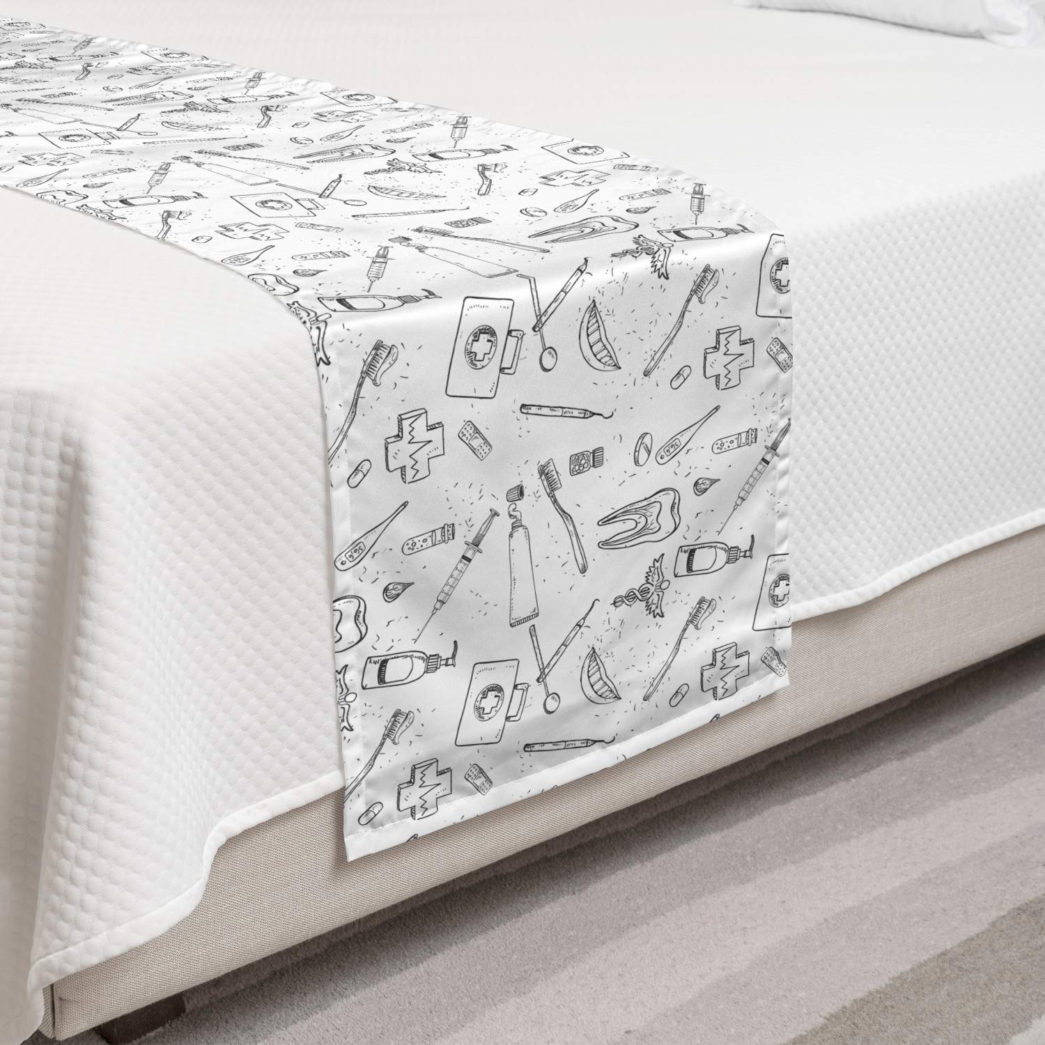 Ambesonne Hipster Bed Runner Set - Hand Drawn Dental Hygiene Themed Teeth Care Pattern, Decorative Bed Scarf & Pillow Sham for Queen Size Beds | Black & White Design | Perfect for Hotels, Homes & Unique Bedroom Decor
