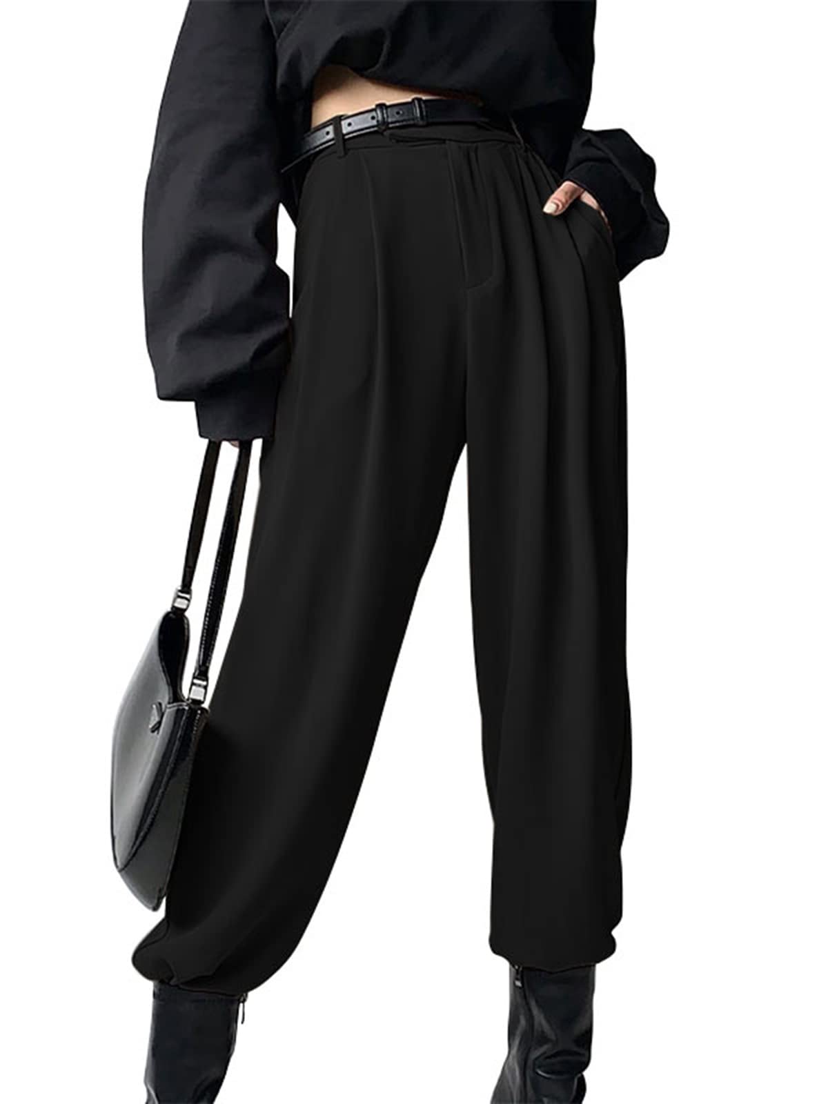 Celmia Women's High Waist Casual Work Pants - Office Pleated Elastic Waist Paper Bag Trousers with Pockets | Perfect for Business Casual, Office Wear & Everyday Comfort