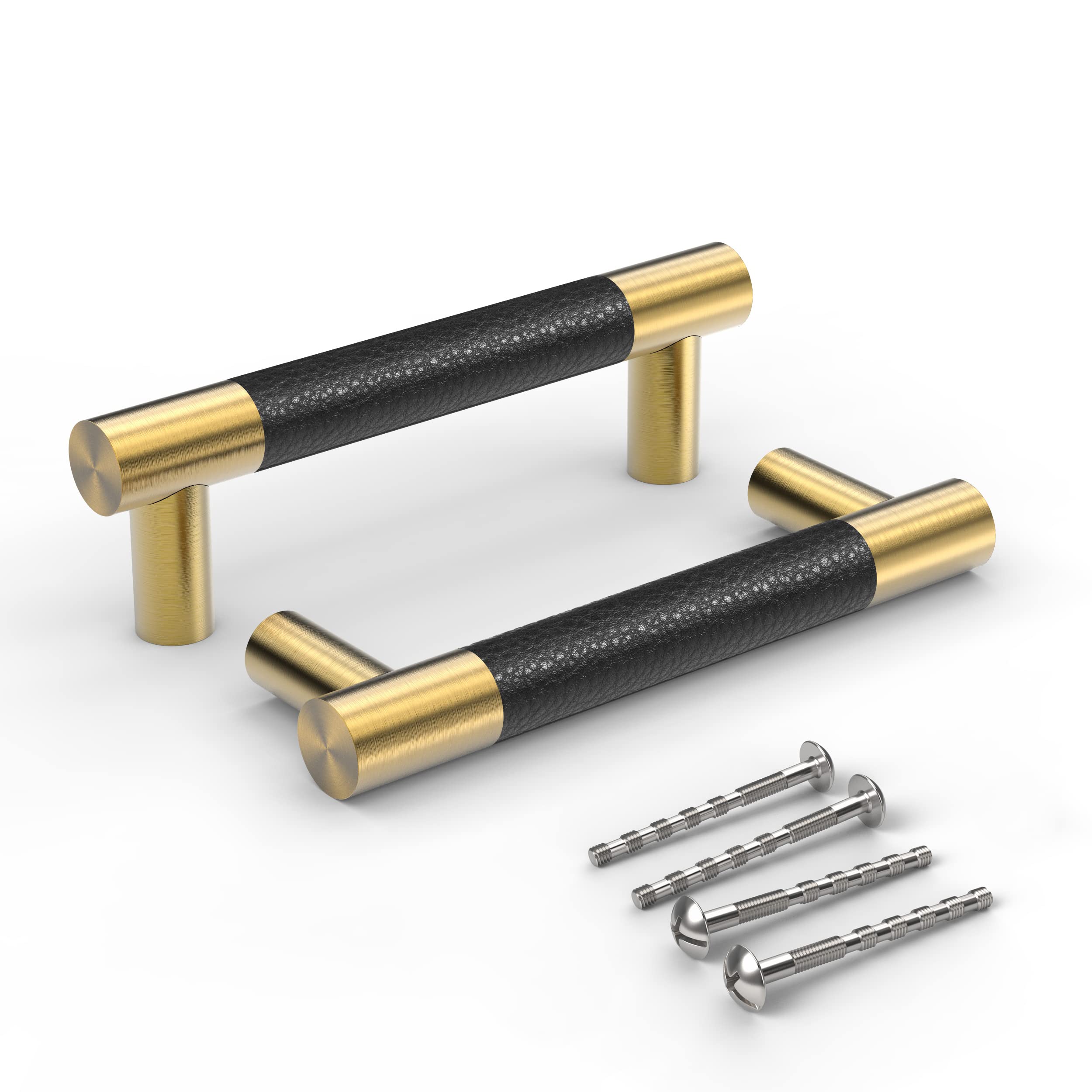 10 Pack Brushed Satin Gold/Brass Cabinet Handles with Black Leather Upholstery - 3.93