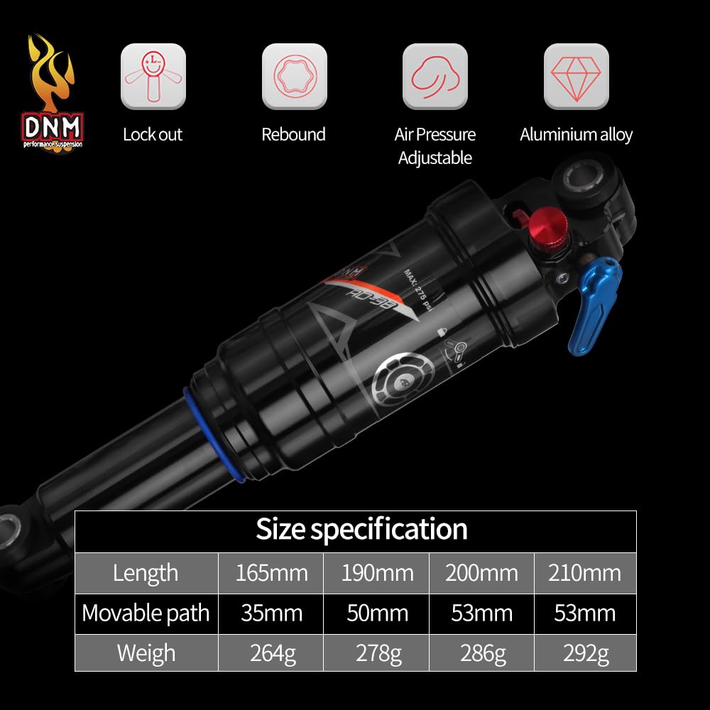 DNM AO-38RC Mountain Bike Rear Shock - Adjustable Air Pressure, Rebound & Lockout with Manual Remote - 190x50mm (7.48