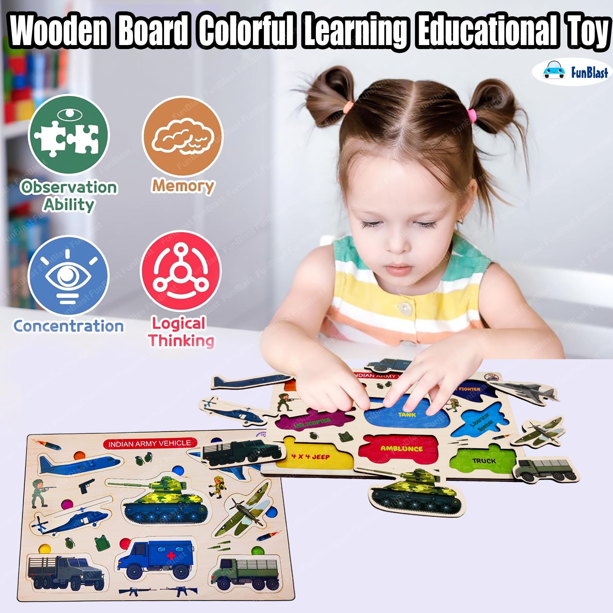FunBlast Wooden Army Vehicle Puzzle Board - Colorful Educational Learning Toy for Kids, Boys & Girls | STEM Toy for Early Childhood Development & Creative Play