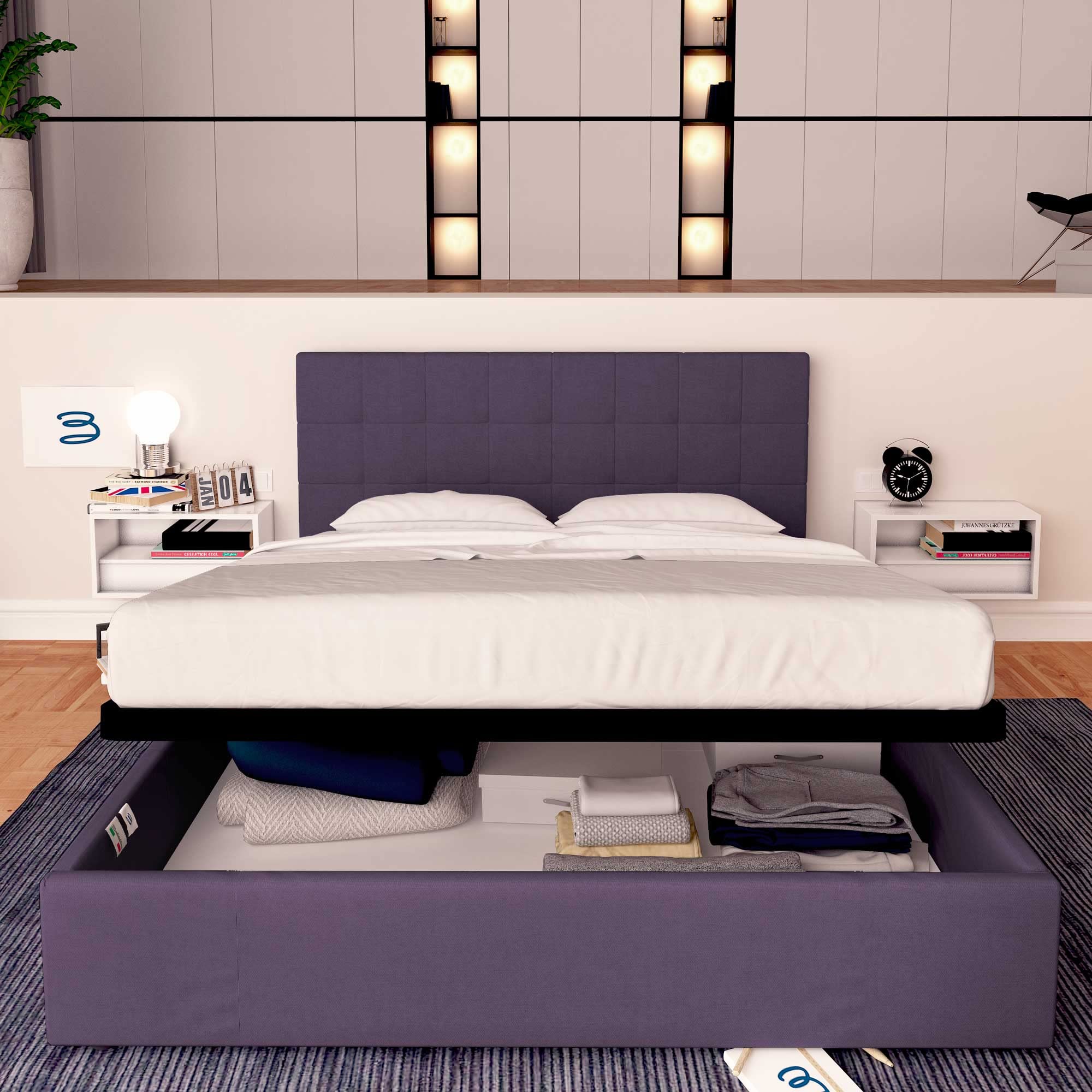 Baldiflex Square and Twin Size Bed with Storage, Dublin Model Fabric Headboard, Slatted Base for Square and Twin Mattresses, 120 x 200 cm, Elegant Purple Bed Frame - Perfect for Small Bedrooms, Guest Rooms & Modern Apartments