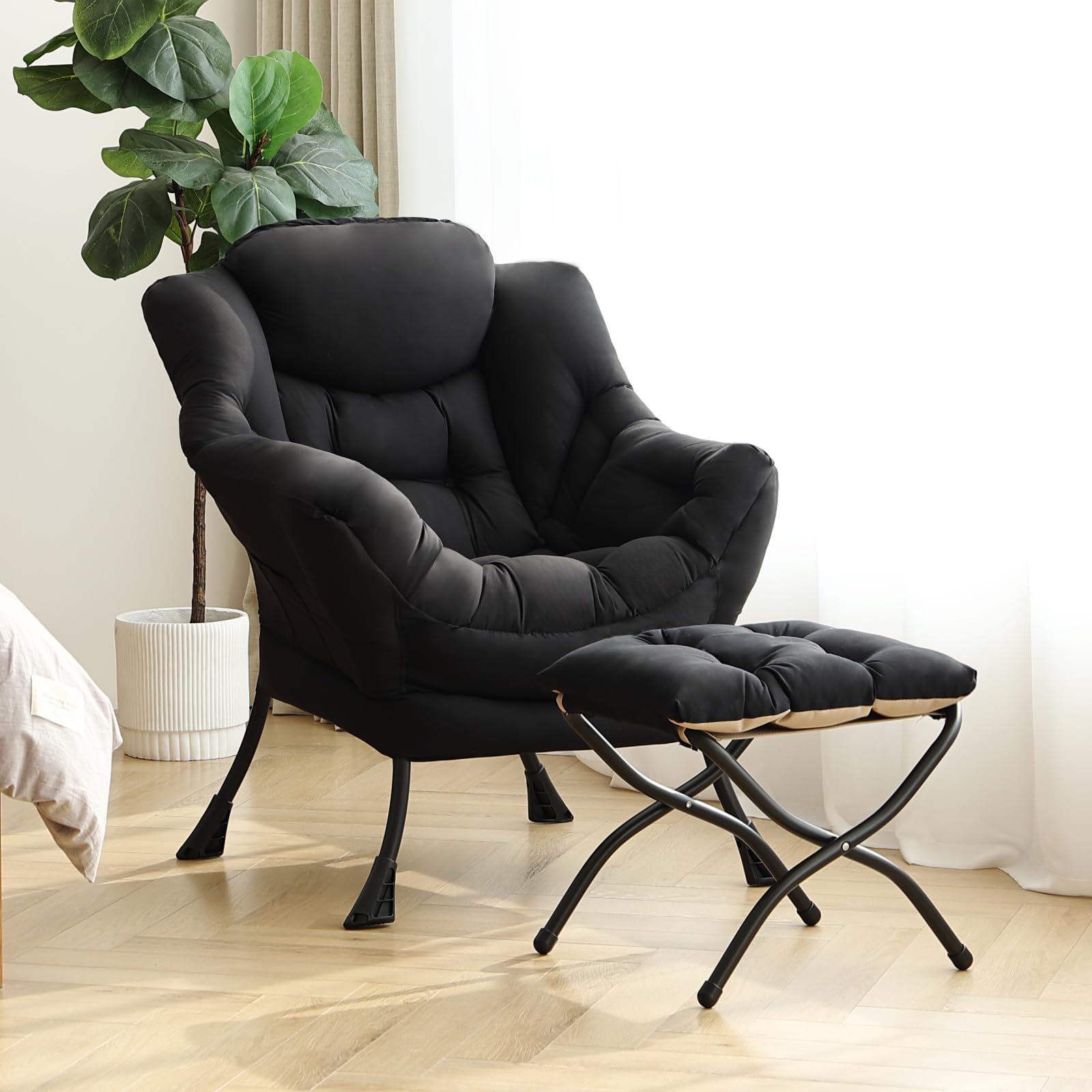 Modern Lazy Chair with Ottoman - Contemporary Lounge Accent Chair with Armrests & Folding Footstool Set - Comfortable Reading Chair for Living Room, Bedroom, Office - Perfect for Relaxing, Napping & Leisure Time (Black)
