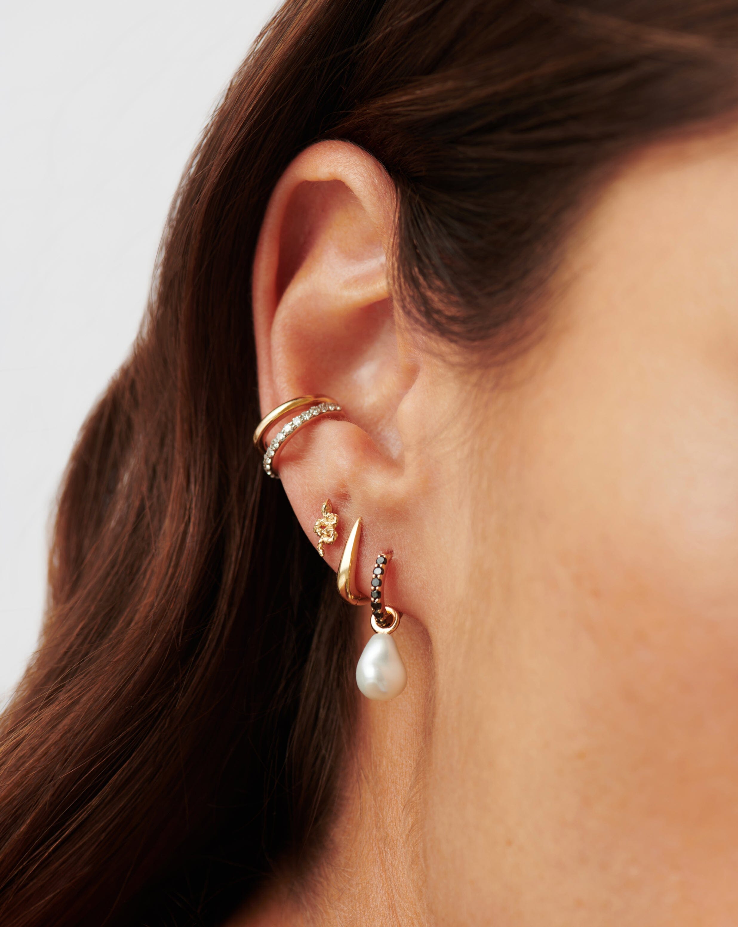 14K Solid Gold Pearl & Black Diamond Hoop Earrings | Elegant Fine Jewelry for Women | Perfect for Weddings, Parties & Special Occasions