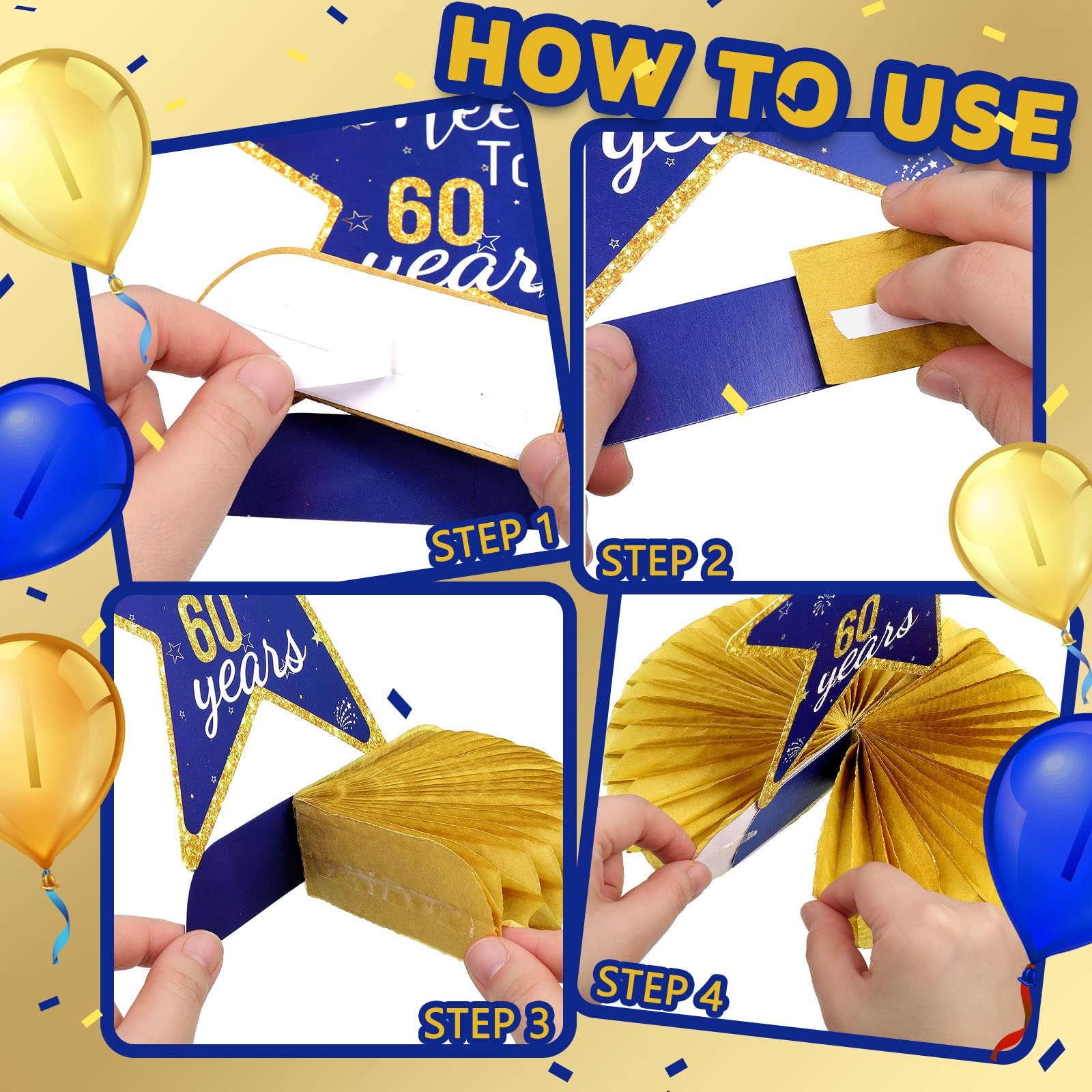 Spakon 8-Piece Gold & Blue 60th Birthday Table Centerpieces - Honeycomb Party Decorations for 60th Anniversary Celebrations - Perfect for Milestone Birthday Parties, Retirement Events & Golden Jubilee Decor