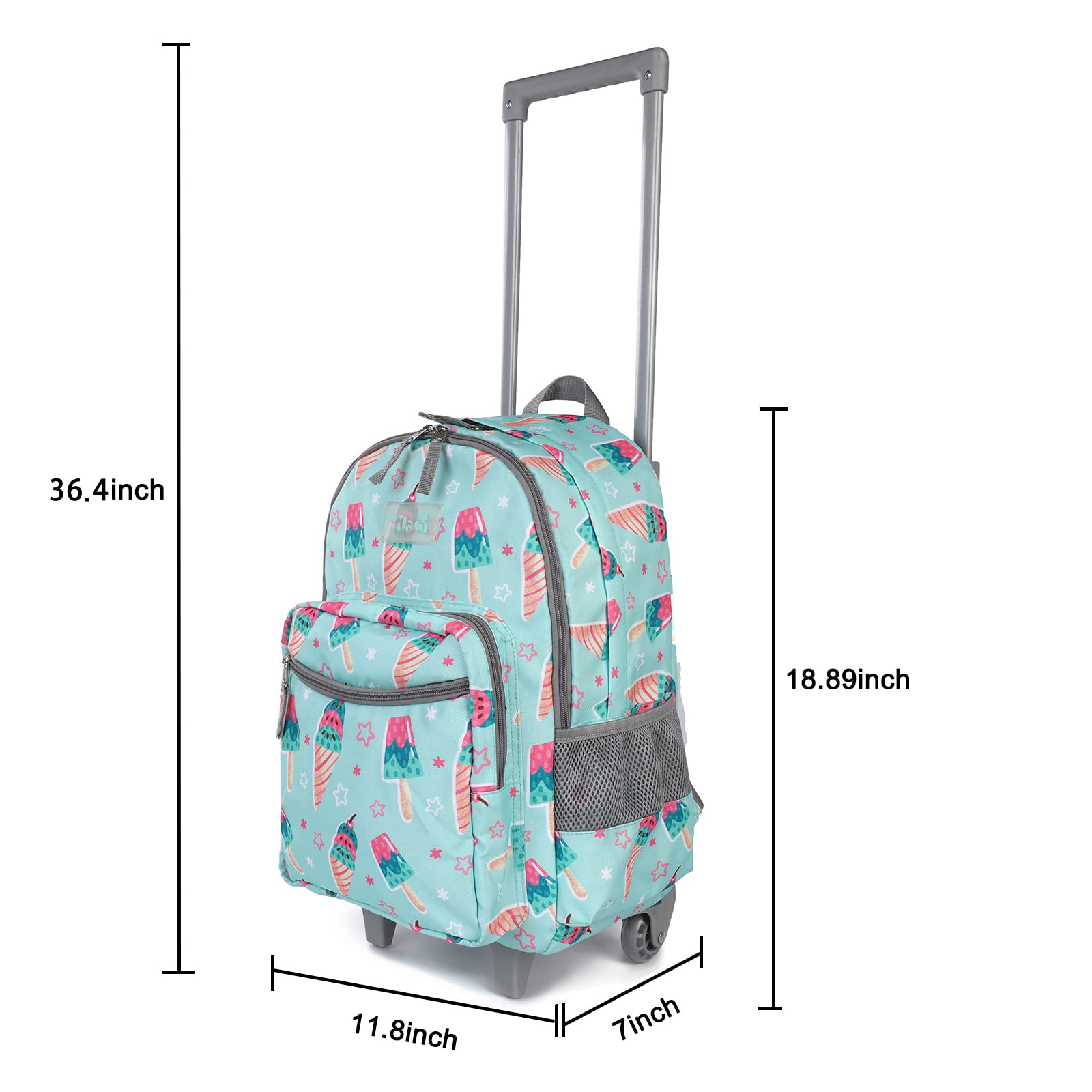 Tilami 18 Inch Rolling Backpack for Kids with Double Handle & Lunch Bag - Wheeled School Backpack, Ice Cream Green - Perfect for School, Travel, and Daily Commute