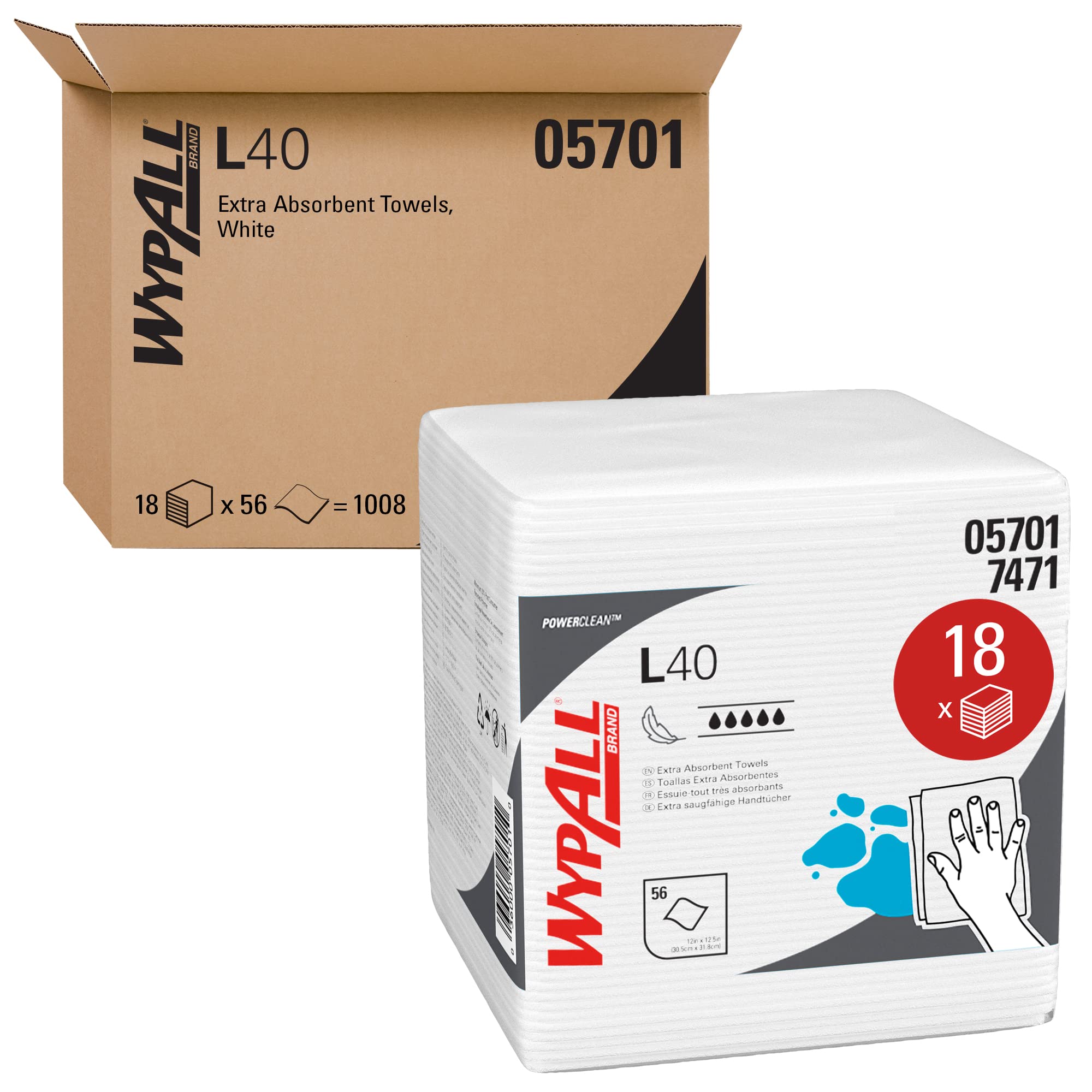 WypAll Power Clean L40 Extra Absorbent Towels (05701) - 18 Packs/Case, 56 Sheets/Pack, 1008 Total - Heavy-Duty Cleaning Wipes for Industrial, Garage & Workshop Use