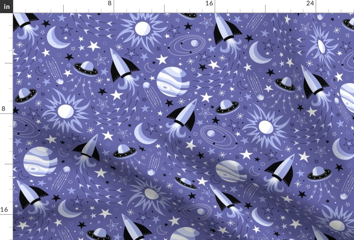 Space Star Kids Periwinkle Nerd Geek Planets Sun Printed Satin Fabric - Fat Quarter for Sewing, Lining, Apparel, Fashion, Blankets & Home Decor | Perfect for DIY Projects, Quilting, and Nursery Decor