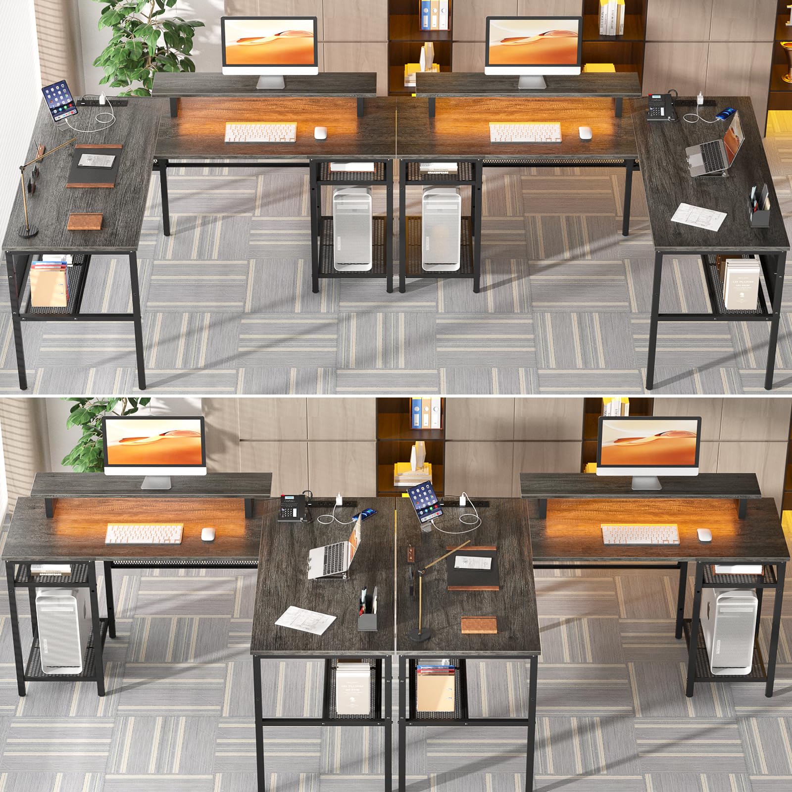 L Shaped Computer Desk with Power Outlets & LED Light - 55 Inch Corner Office Desk with Monitor Stand & Storage - Reversible Gaming Desk in Black Oak - Perfect for Home Office, Gaming Setup & Small Spaces