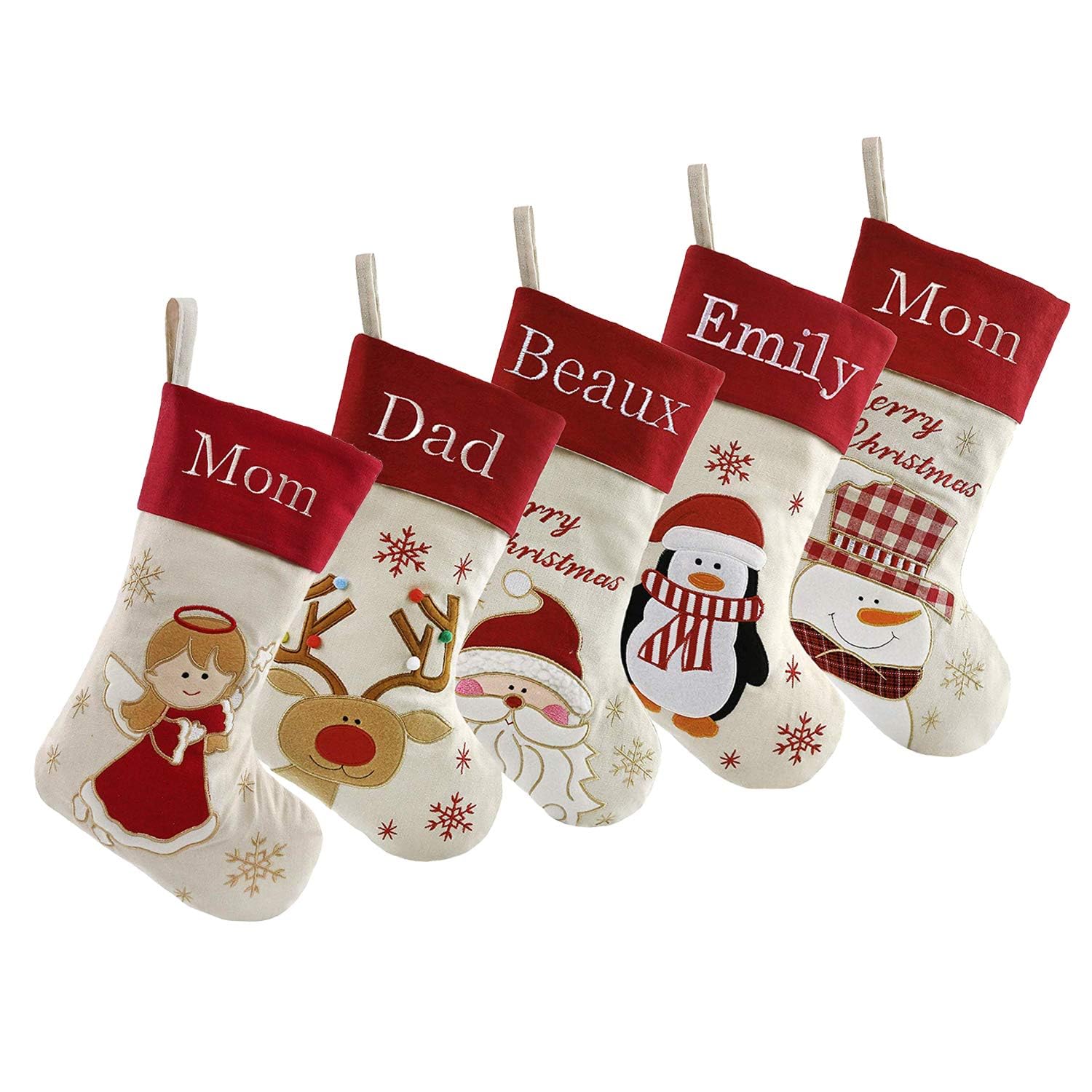 DearSun Set of 5 Personalized Christmas Stockings - 18 Inch Custom Embroidered Names with Santa, Snowman, Deer, Penguin & Angel Designs | Premium Linen Holiday Stockings for Family Decor | Perfect for Fireplace Mantel, Gift Exchange & Festive Home Decorating