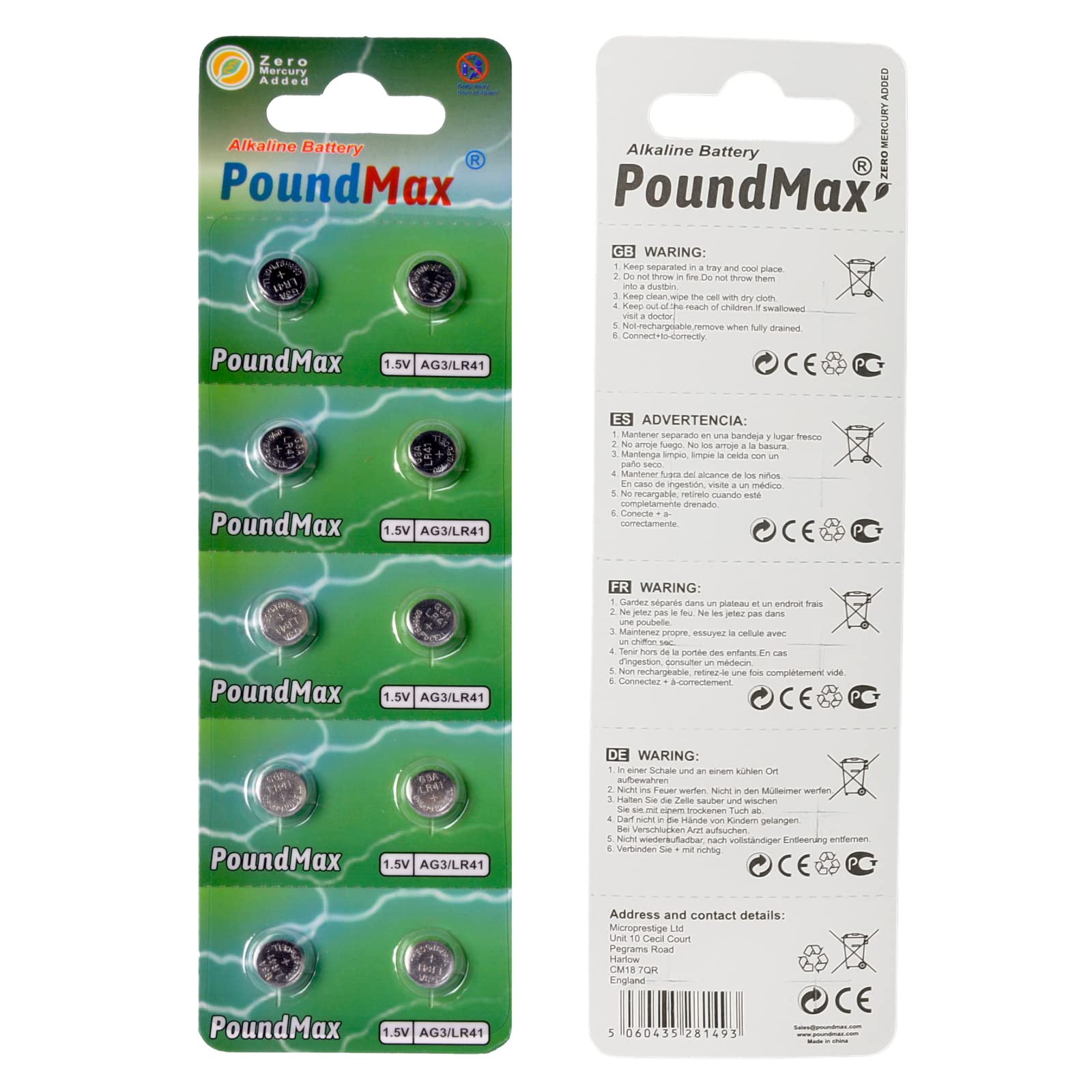 PoundMax AG3 LR41 1.5V Alkaline Button Cell Batteries - 10 Pack for Watches, Calculators, Thermometers & Small Electronics