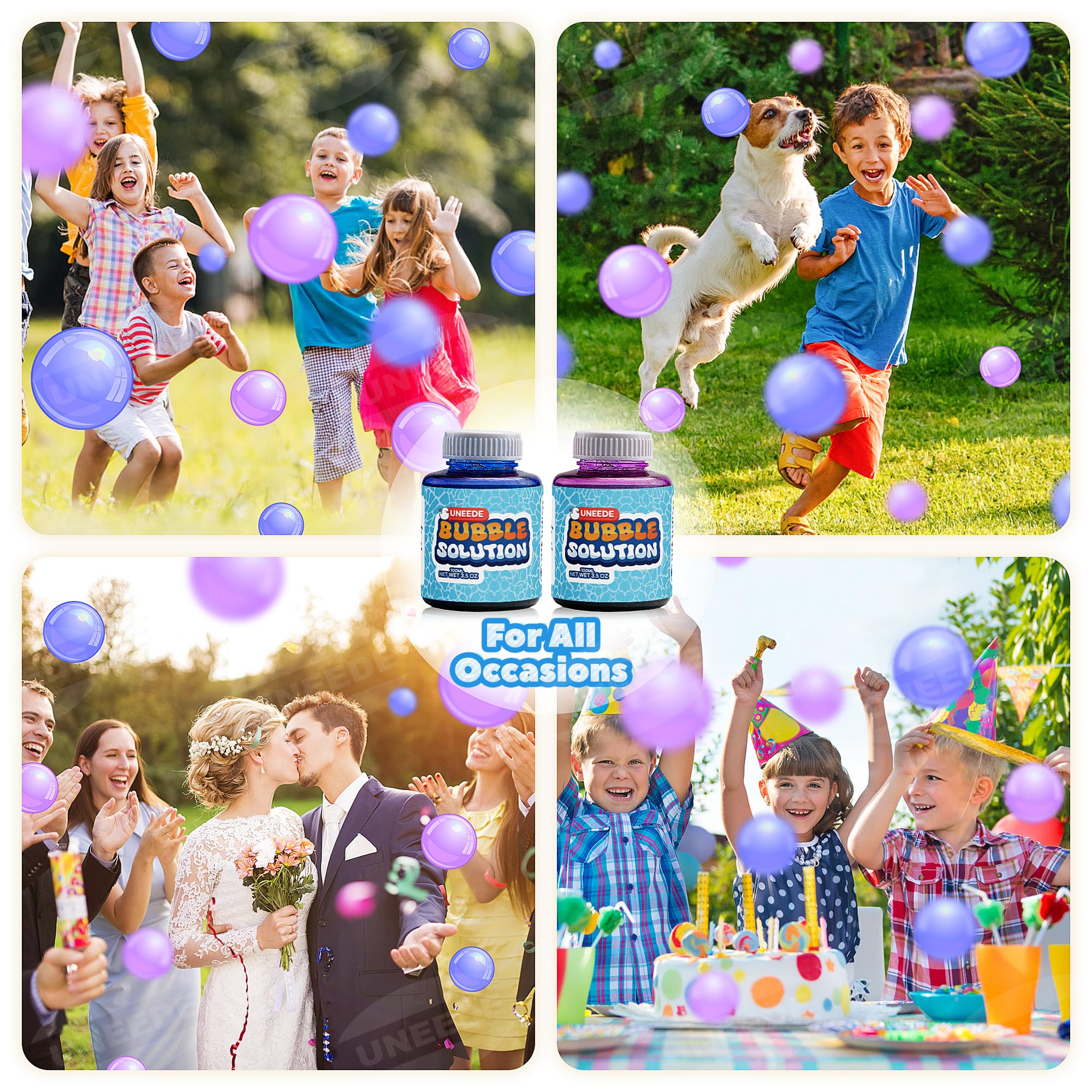 UNNEEDE Premium Bubble Solution Refill 2 Pack (200ml/7oz Each) - Non-Toxic Bubble Liquid for Bubble Machines & Bubble Toys - Vibrant Purple & Blue Bubbles for Kids Outdoor Play, Birthday Parties & Backyard Fun