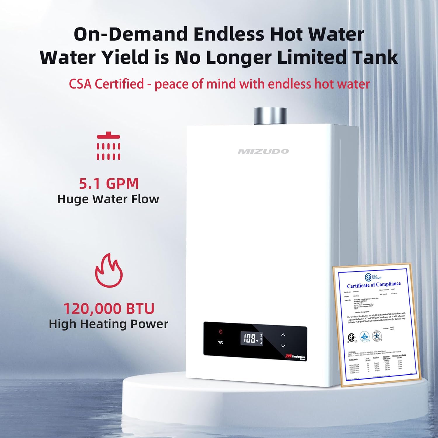 MIZUDO 5.1 GPM 120,000 BTU Natural Gas Tankless Water Heater - CSA Certified Indoor Instant Hot Water System (Gen 2) for Homes, Apartments & Small Businesses