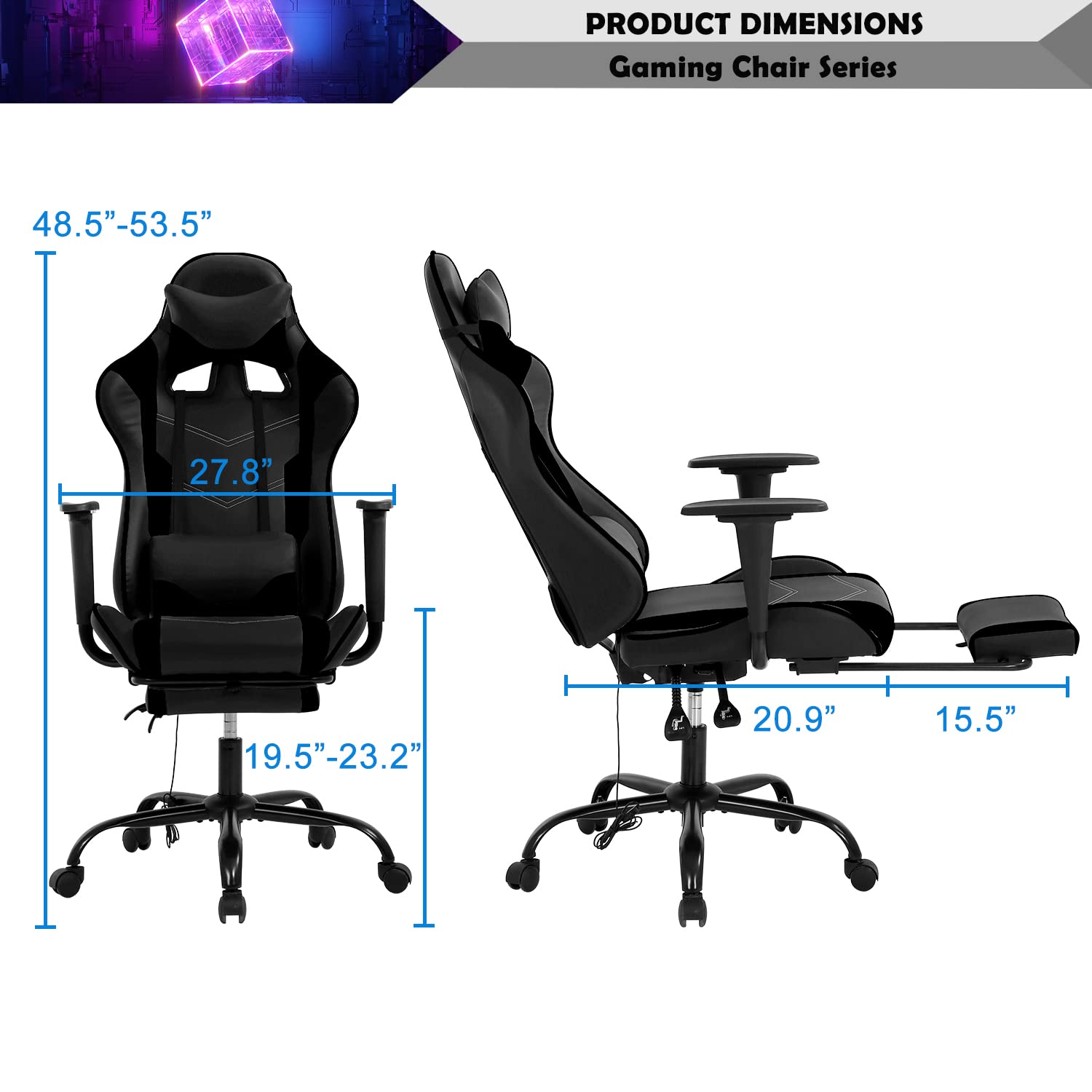 Ergonomic Gaming Chair with Adjustable Height, Swivel & Rolling Wheels - PU High Back Office Chair with Headrest, Footrest & Lumbar Massage Support - Perfect for PC Gaming, Home Office & Workstations