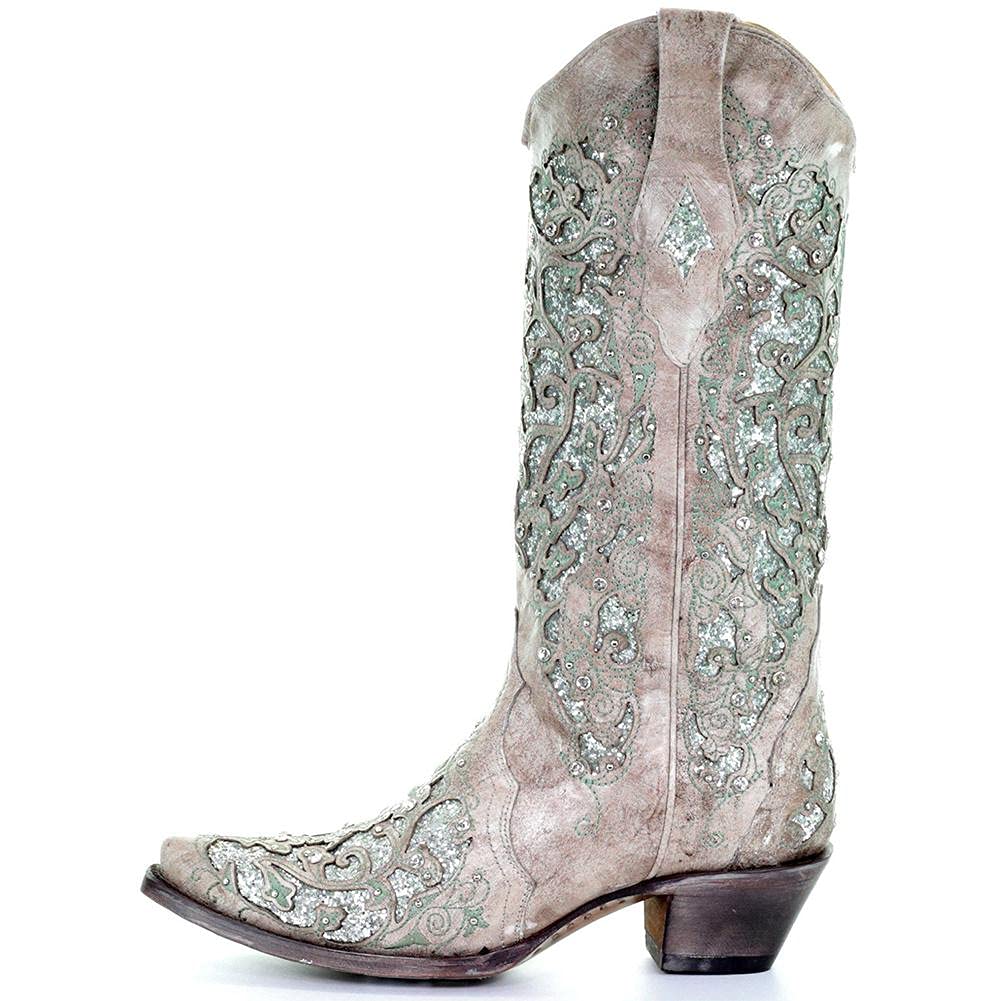 Western Cowboy Boots for Women - Pointed Toe, Low Chunky Heel, Embroidered & Studded Rodeo Boots | Stylish Mid Calf Boots with Glitter & Printed Design | Perfect for Country Music Festivals, Rodeo Events & Western Fashion Outfits
