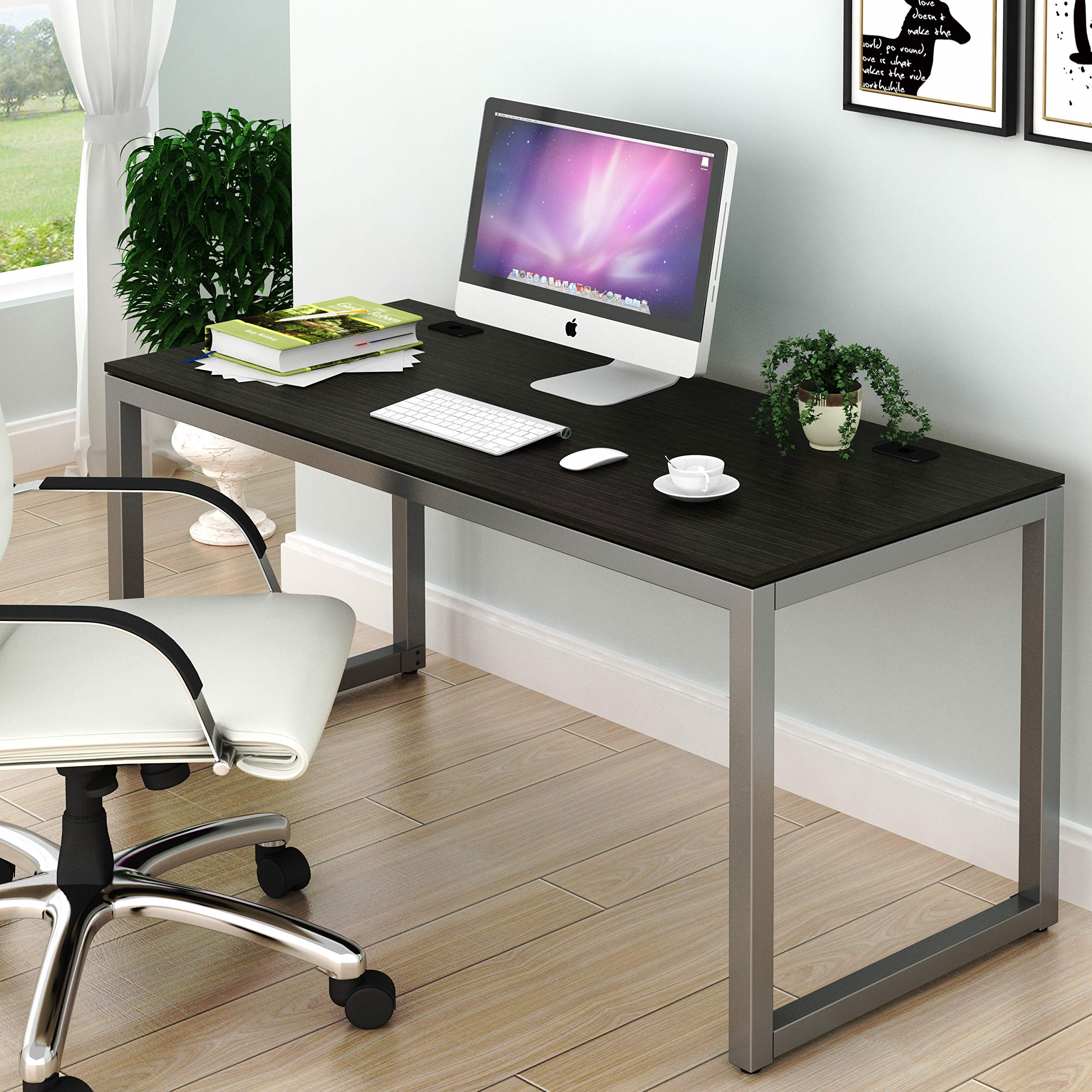 SHW 55-Inch Commercial-Grade Office Computer Desk with Keyboard Tray, Espresso Brown - Perfect for Home Office, Gaming Setup & Workspace Organization
