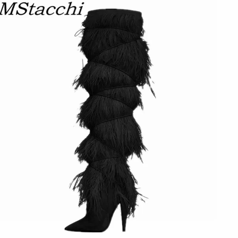 Sexy Women's Suede Over The Knee High Heel Boots with Feather & Cross-Tie Detail - Pointed Toe Party Shoes for Night Out, Clubwear & Special Occasions
