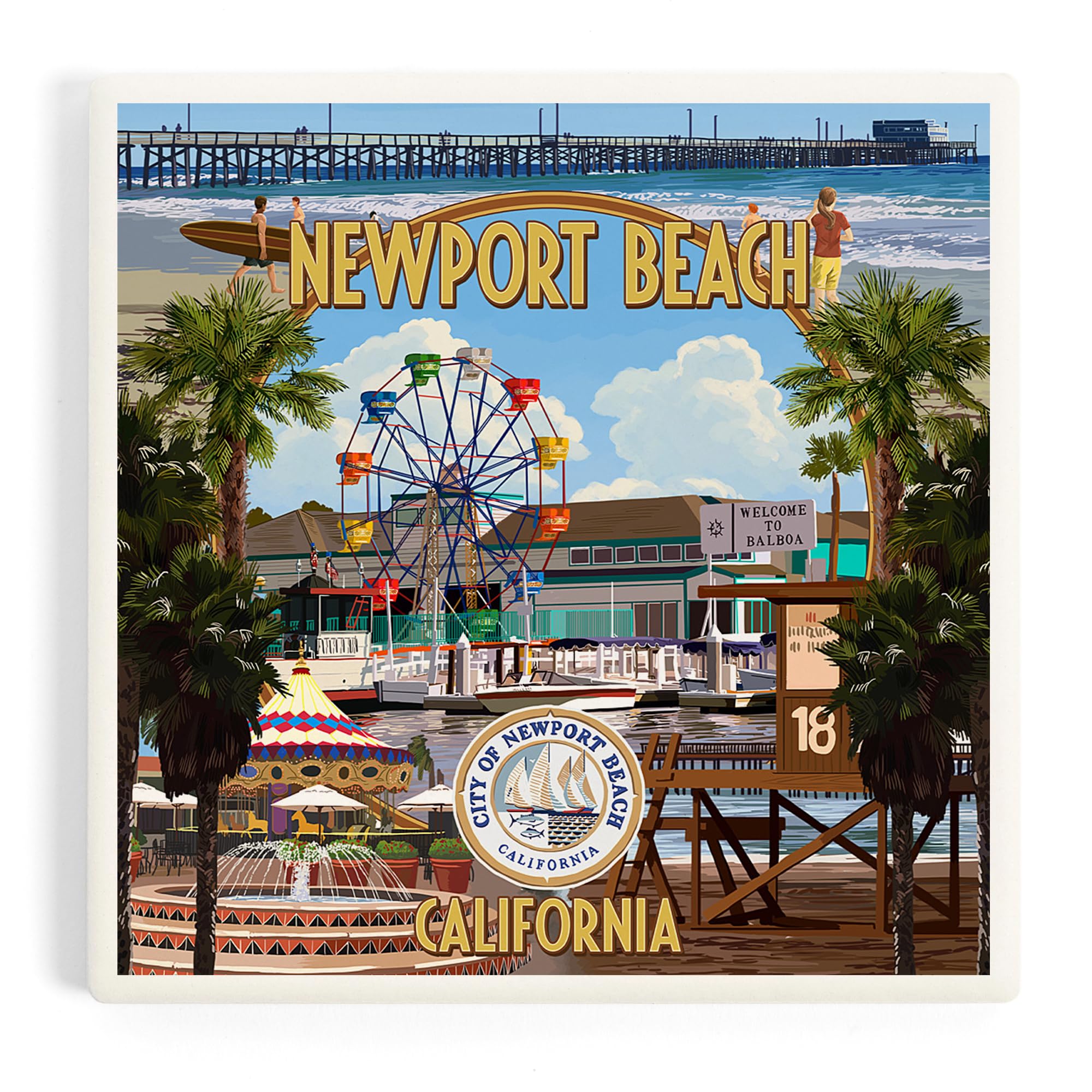 Newport Beach Montage Ceramic Coaster - Absorbent, Cork Back, Single Piece, Perfect for Kitchen Table Decor & Coastal Home Styling