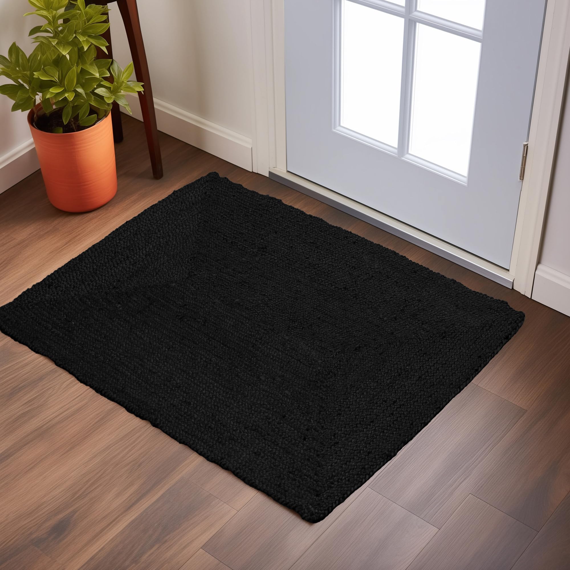 Handwoven Jute Braided Area Rug - Reversible Natural Fiber Farmhouse Rug - Eco-Friendly Living Room, Kitchen & Entryway Decor - Black Rectangle 2'x3' - Perfect for Boho, Rustic & Coastal Home Styles